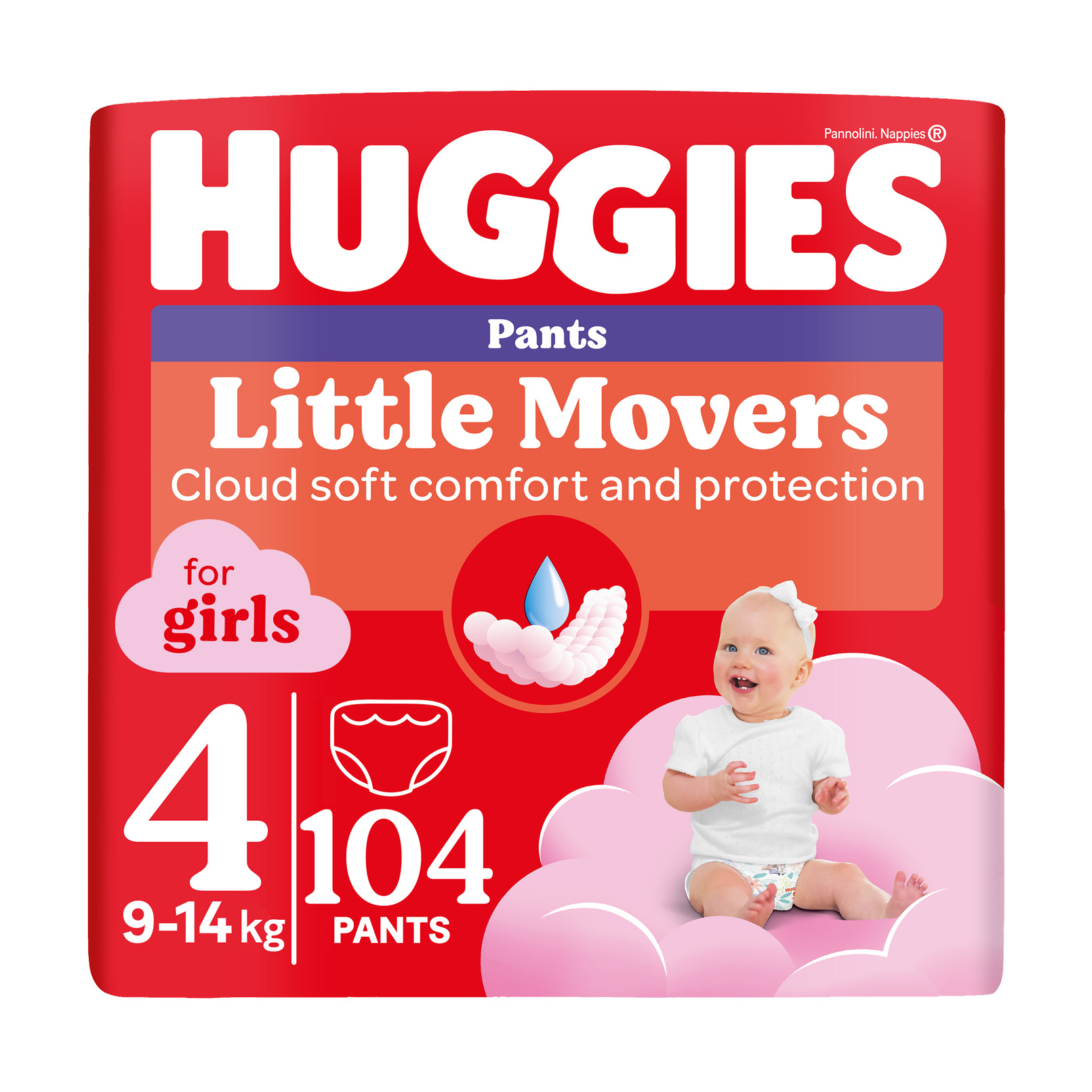 Підгузки-трусики Huggies Little Movers Pants для дівчаток, розмір 4 (9-14 кг), 104 шт