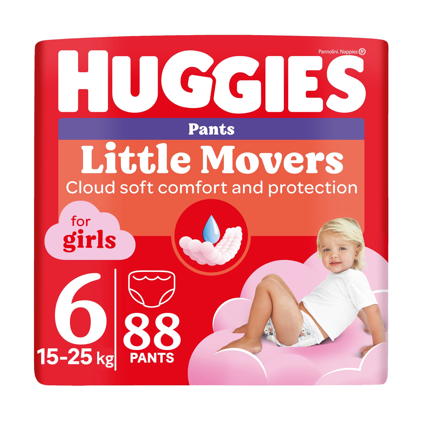Підгузки-трусики Huggies Little Movers Pants для дівчаток, розмір 6 (15-25 кг), 88 шт