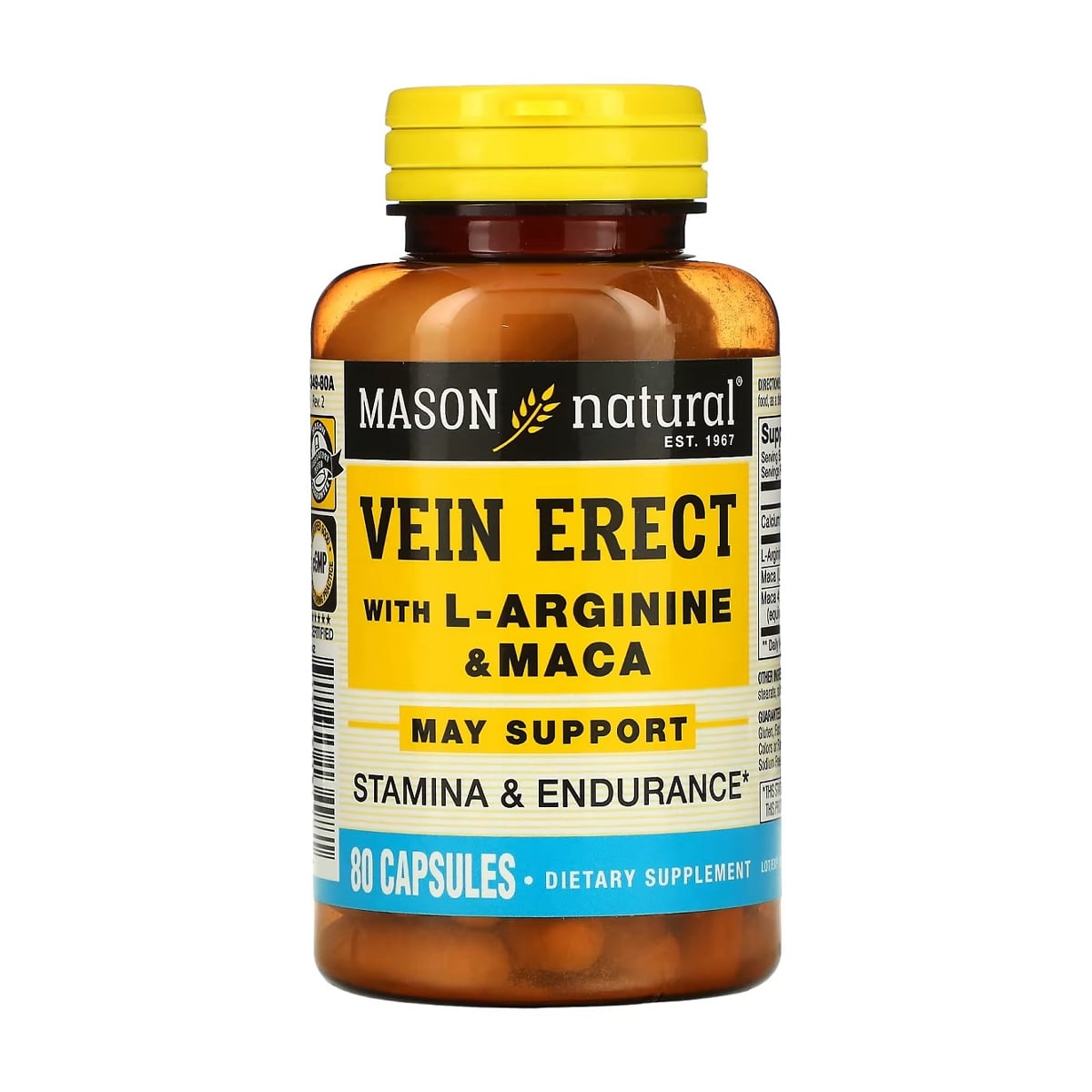 Підтримка чоловічої сили з L-аргініном та макою Mason Natural Vein Erect with L-Arginine &amp; Maca, 80 капсул