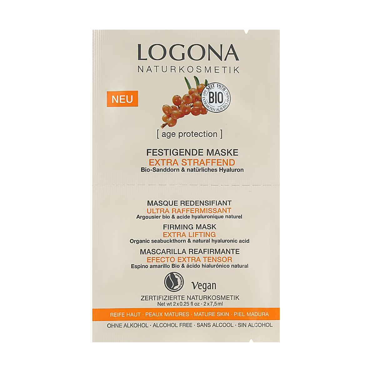 Підтягувальна маска для обличчя Logona Festigende Mask Extra Straffend проти зморщок, з обліпихою та гіалуроновою кислотою, 2*7.5 мл