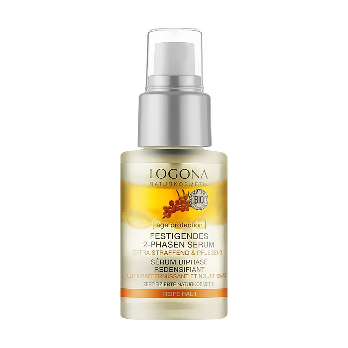 Підтягувальна сироватка для обличчя Logona Festigende 2-Phasen Serum Extra Straffend &amp; Pelegend з обліпихою та гіалуроновою кислотою, 30 мл