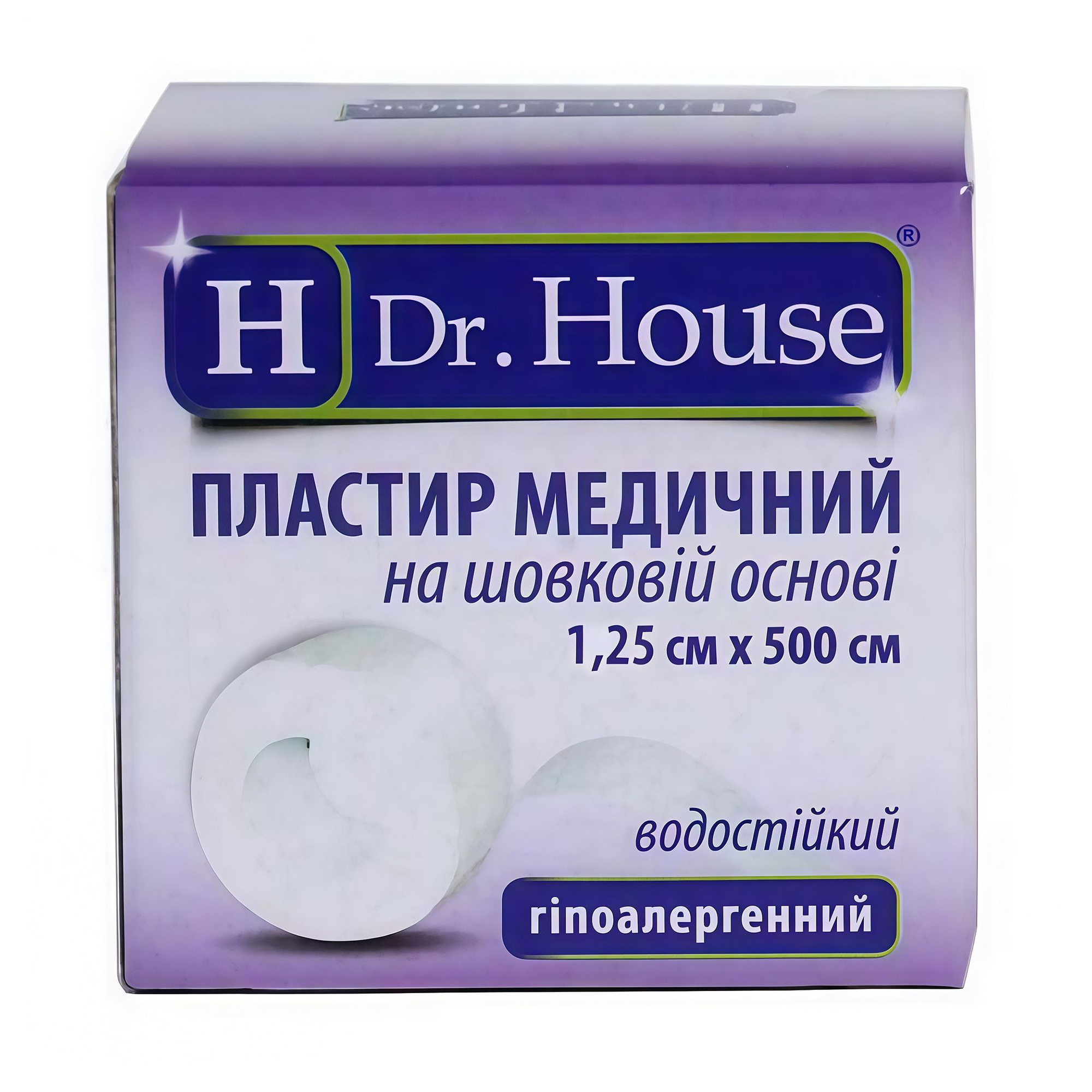 Пластир медичний Dr. House на шовковій основі, гіпоалергенний, в картонній коробці, 1.25*500 см