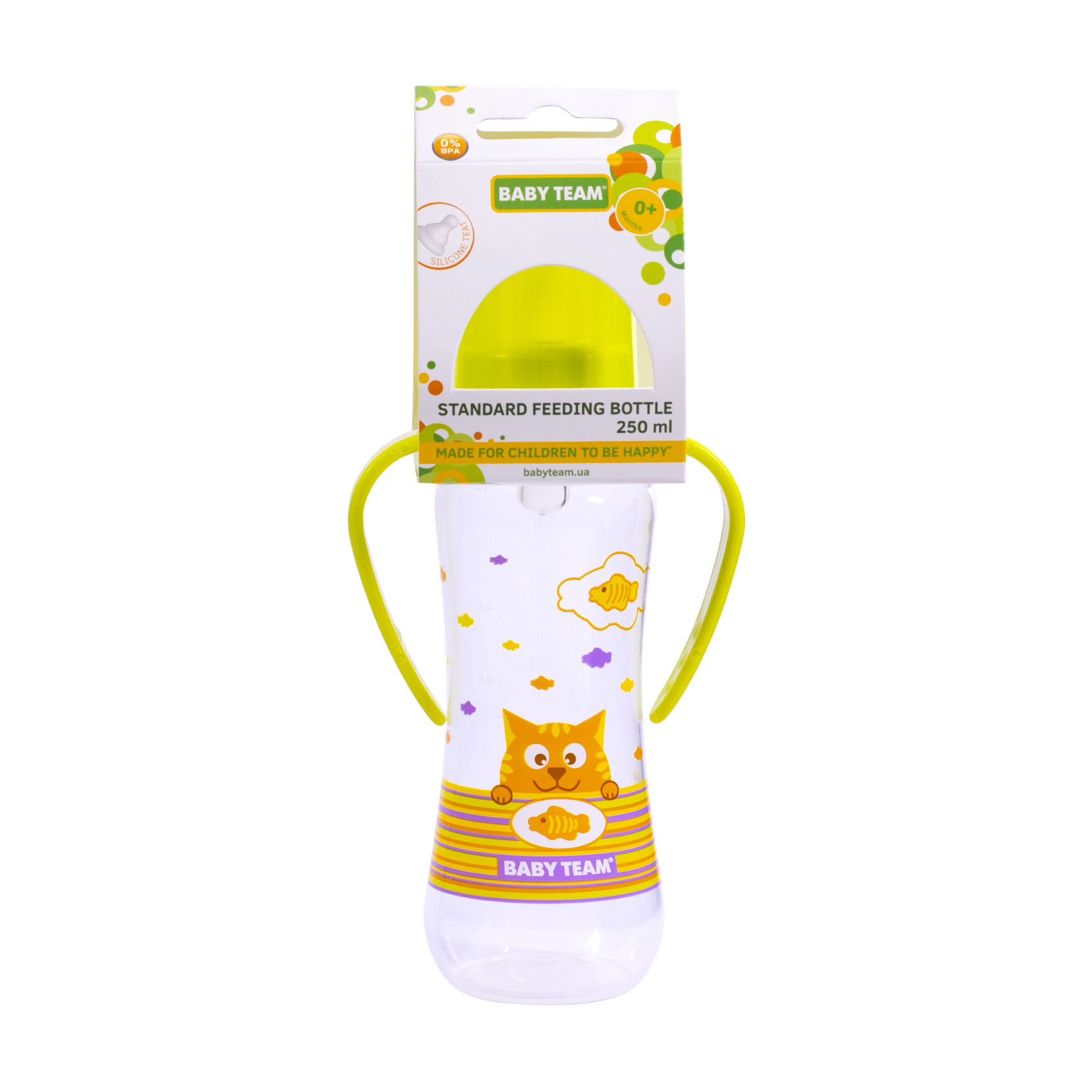 Пляшечка для годування Baby Team з силіконовою соскою та ручками, від народження, салатова, 250 мл (1411)