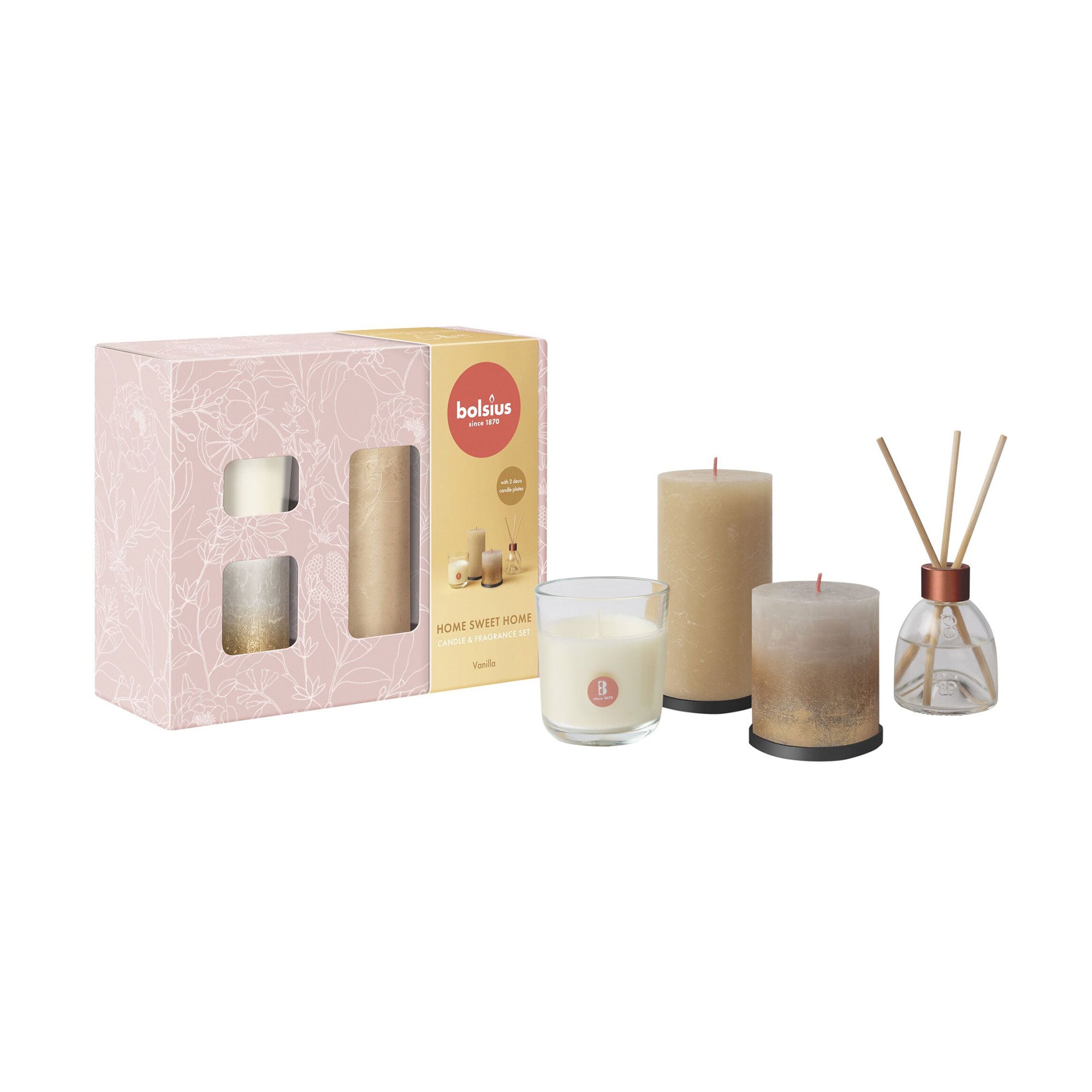Подарунковий набір Bolsius Home Sweet Home Vanilla (циліндричні свічки Rustic, 2 шт + ароматична свічка в склянці, 1 шт + аромадифузор, 60 мл)