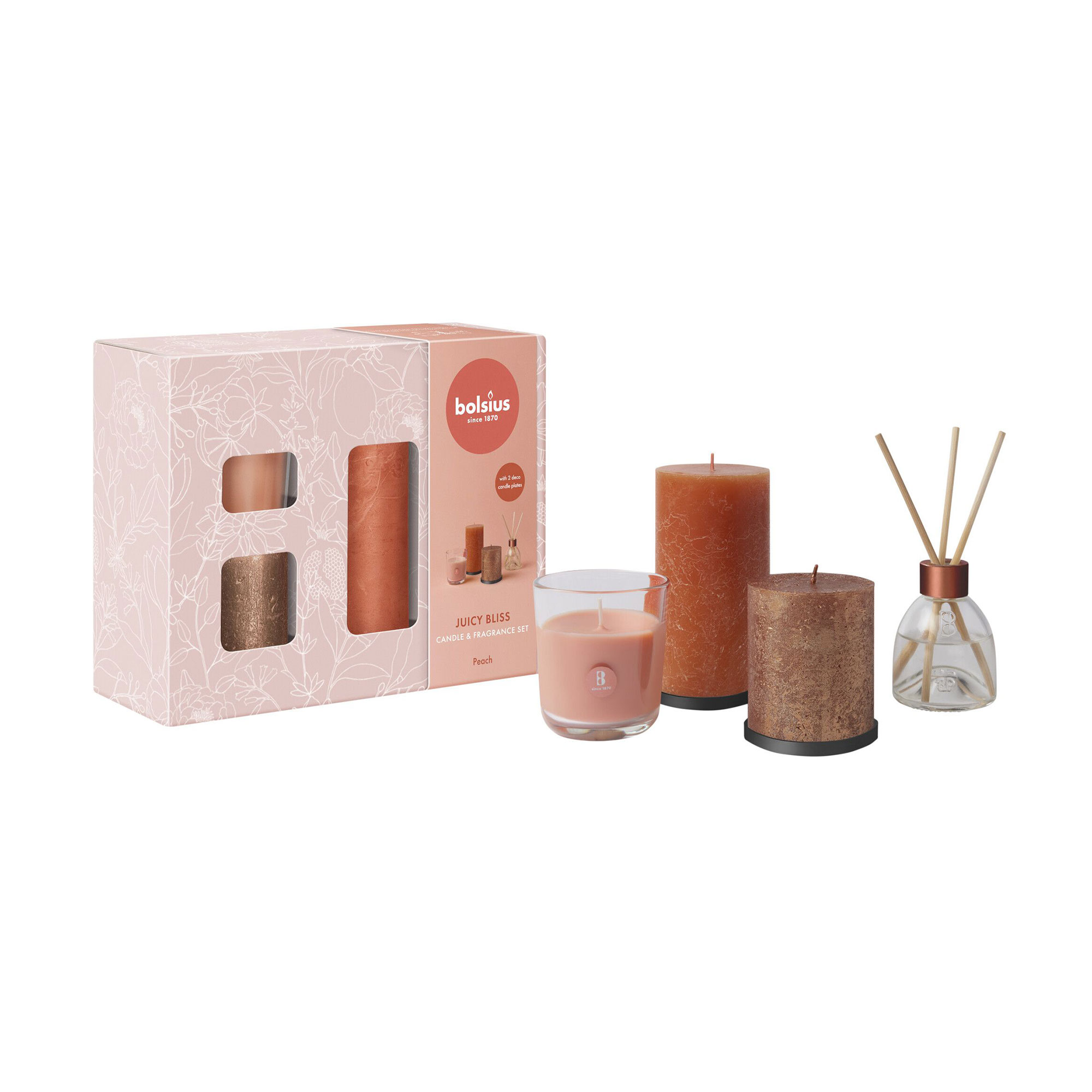 Подарунковий набір Bolsius Juicy Bliss Peach (циліндричні свічки Rustic, 2 шт + ароматична свічка в склянці, 1 шт + аромадифузор, 60 мл)