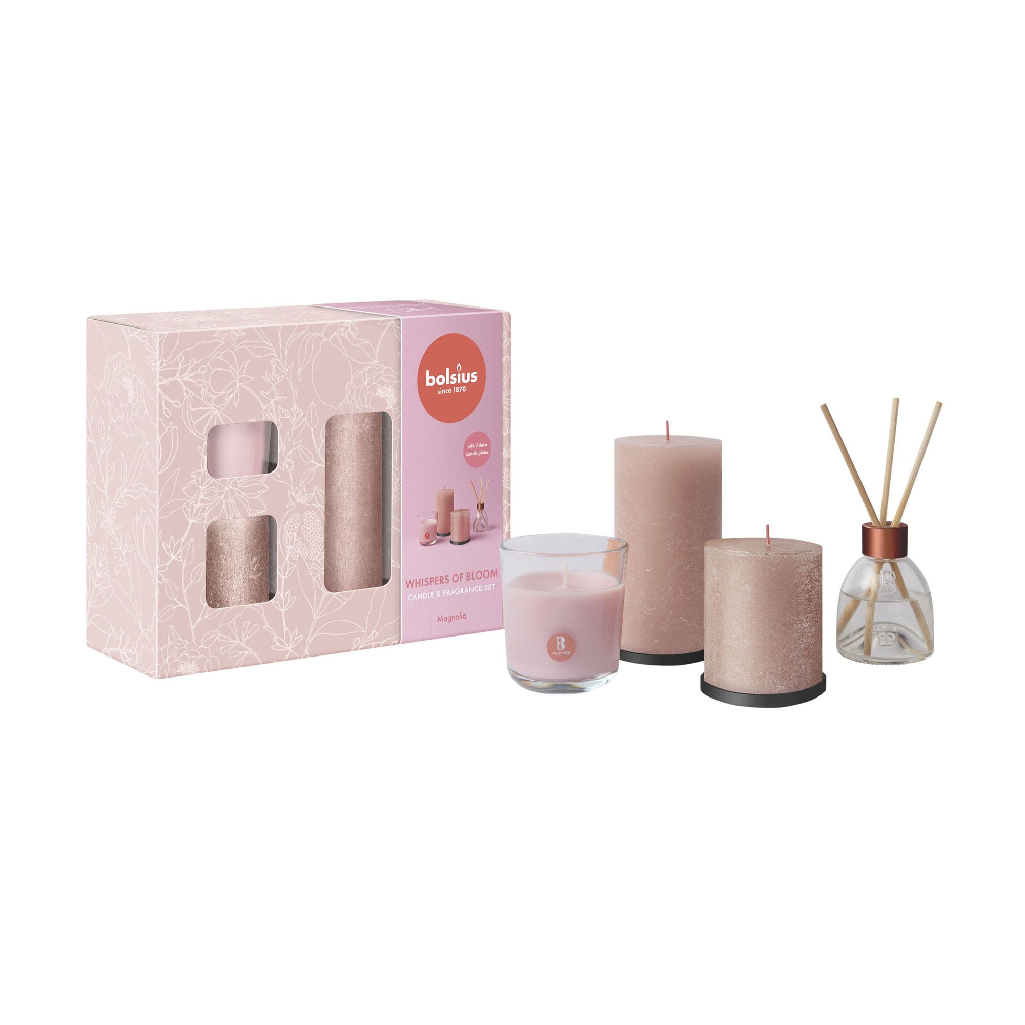 Подарунковий набір Bolsius Whispers Of Bloom Magnolia (циліндричні свічки Rustic, 2 шт + ароматична свічка в склянці, 1 шт + аромадифузор, 60 мл)