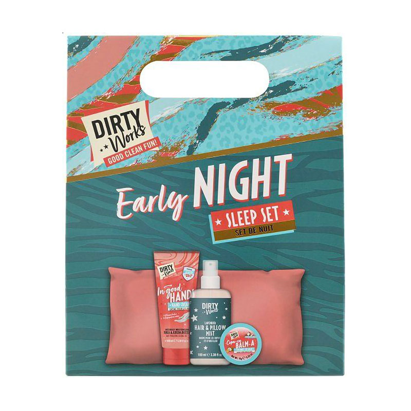 Подарунковий набір Dirty Works Early Night Sleep Set (бальзам для губ, 10 г + крем для рук, 100 мл + спрей для волосся, 100 мл + подушка)