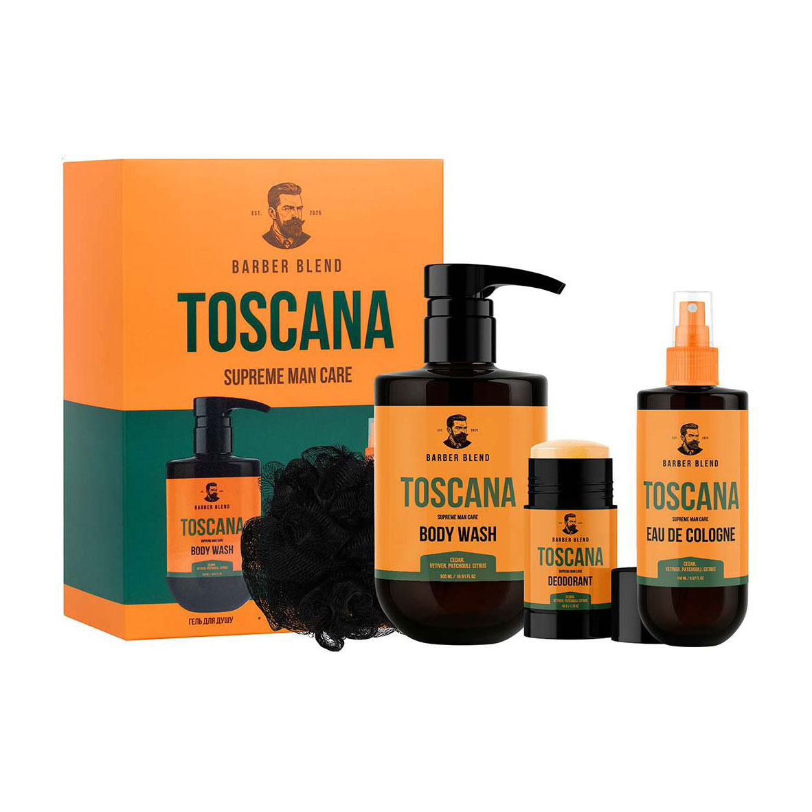 Подарунковий набір для чоловіків Barber Blend Toscana (одеколон, 150 мл + гель для душу, 500 мл + дезодорант, 50 г + мочалка, 1 шт)