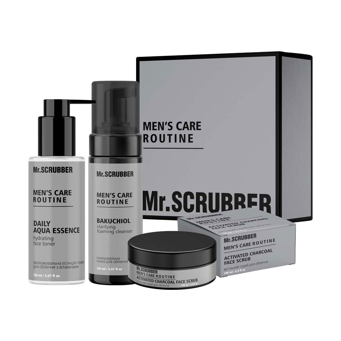 Подарунковий набір для чоловіків Mr.Scrubber Men's Care Routine (скраб, 100 мл + пінка, 150 мл + тонер, 150 мл + коробка)