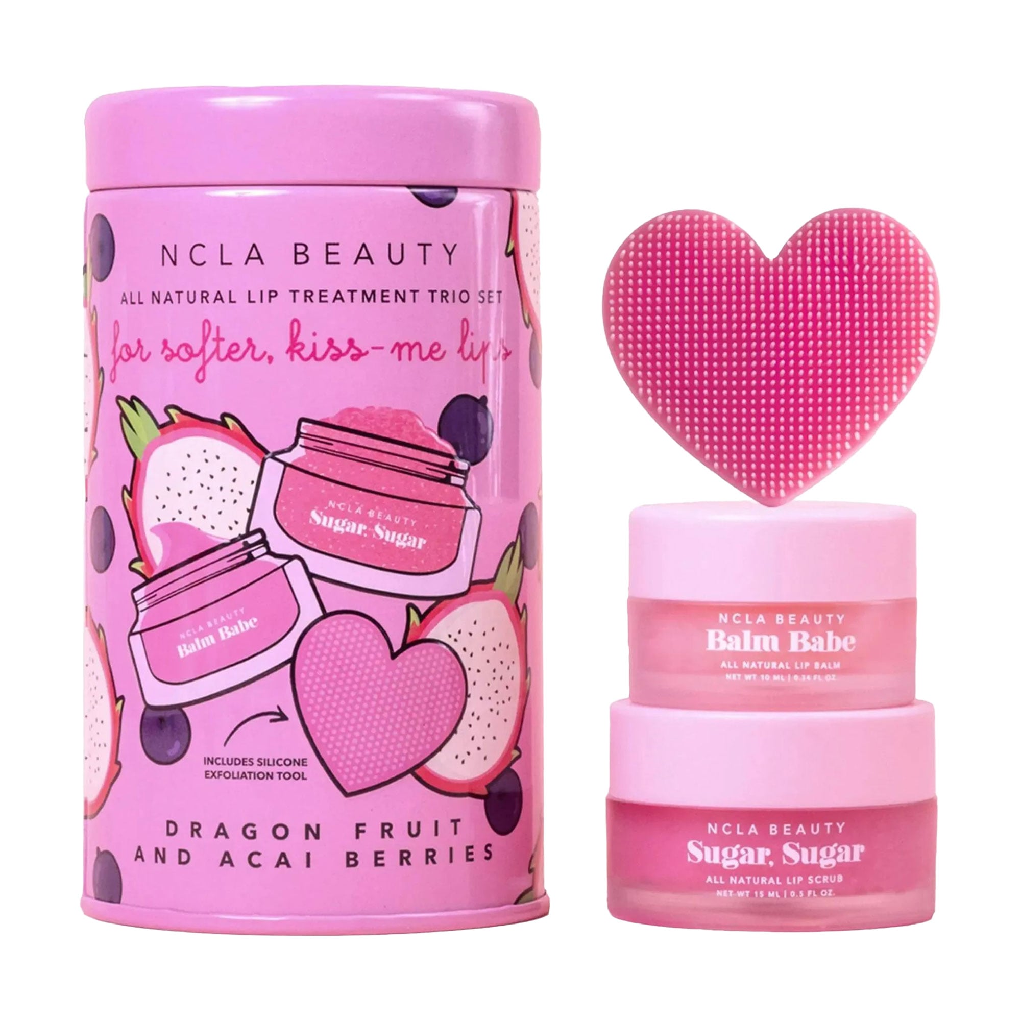 Подарунковий набір для догляду за губами NCLA BEAUTY All Natural Lip Treatment Trio Set Драгонфрут та асаї (скраб, 15 мл + бальзам, 10 мл + щіточка)