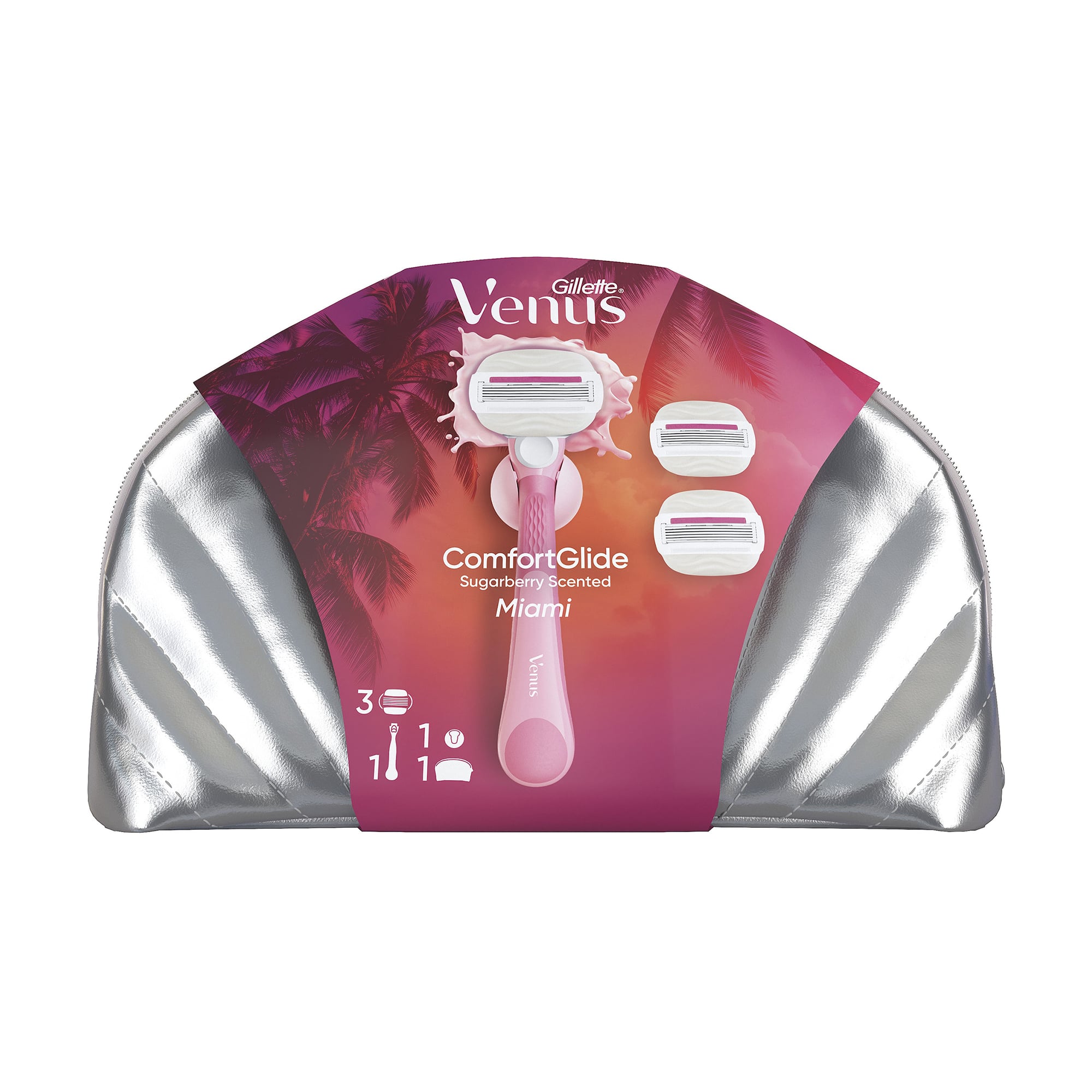 Подарунковий набір для гоління жіночий Gillette Venus ComfortGlide Sugarberry Miami (станок (бритва)  з 3 змінними картриджами + кріплення + косметичка)