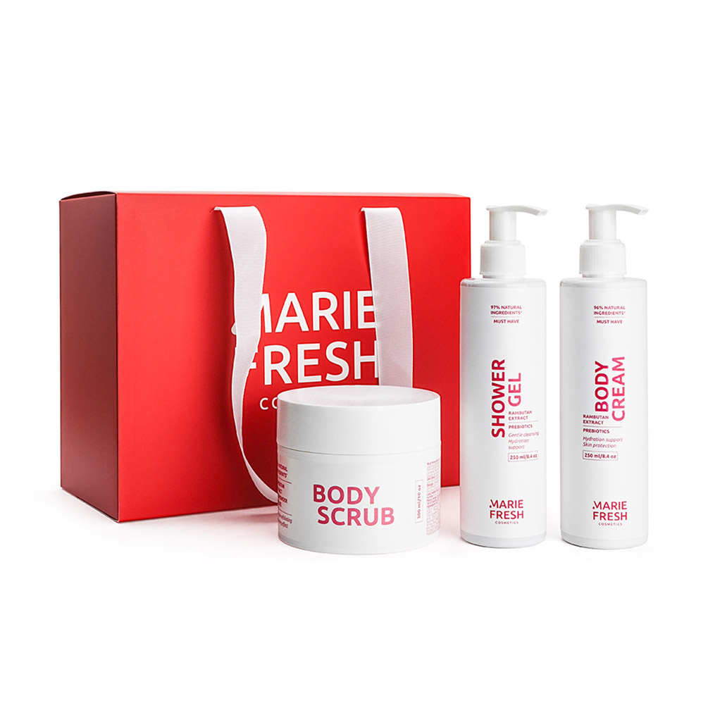 Подарунковий набір для тіла Marie Fresh Cosmetics Body Holiday Beauty Set (гель для душу, 250 мл + скраб, 300 мл + крем, 250 мл)