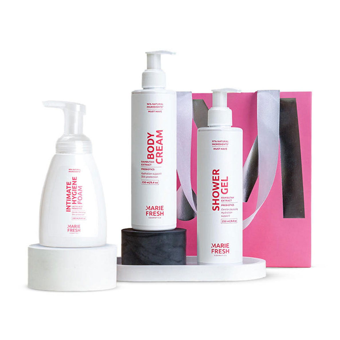 Подарунковий набір для тіла Marie Fresh Cosmetics Gentle Body Care (пінка для інтимної гігієни, 250 мл + гель для душу, 250 мл + крем, 250 мл)