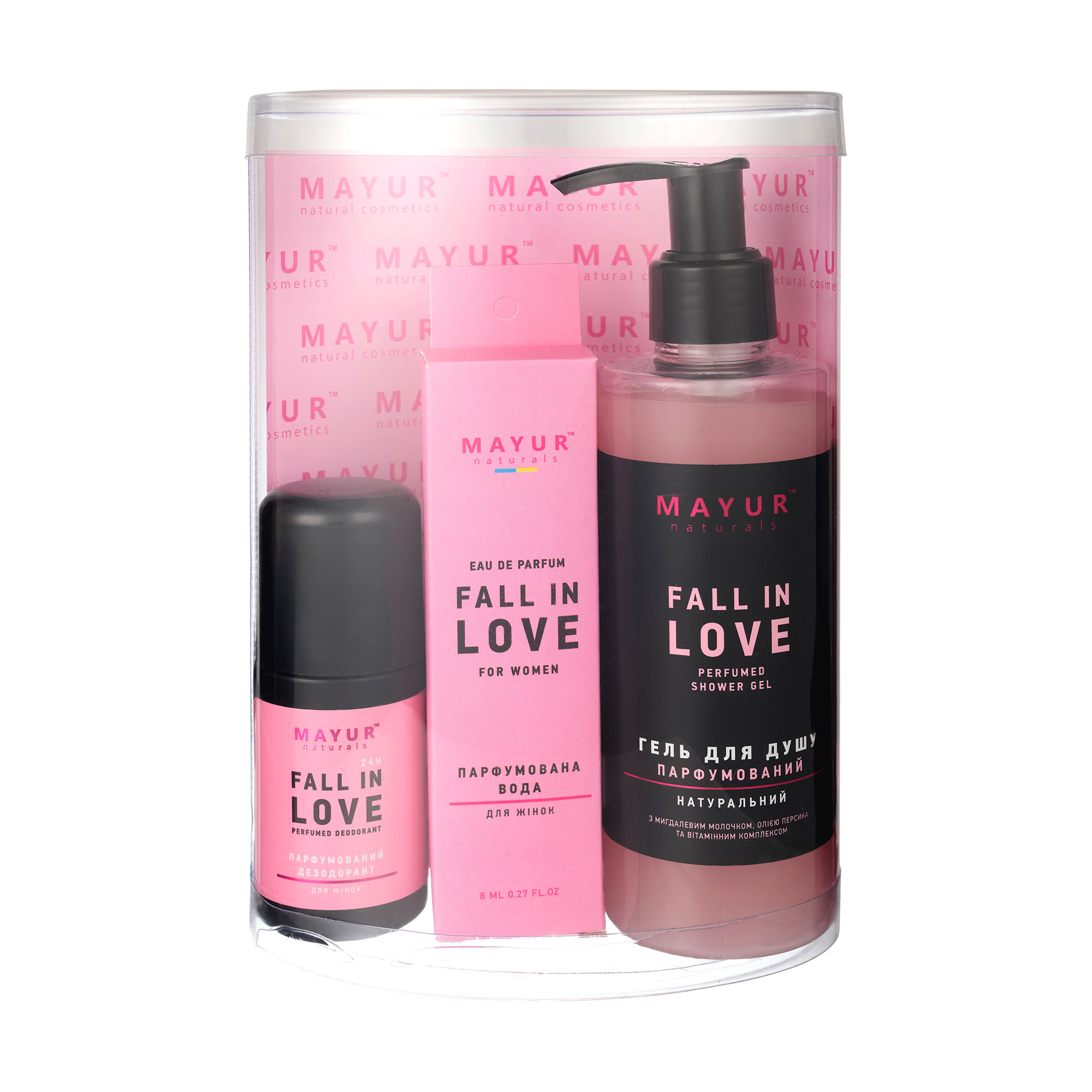 Подарунковий набір для тіла Mayur Fall In love (гель для душу, 200 мл + дезодорант, 50 мл + парфумована вода жіноча, 8 мл)
