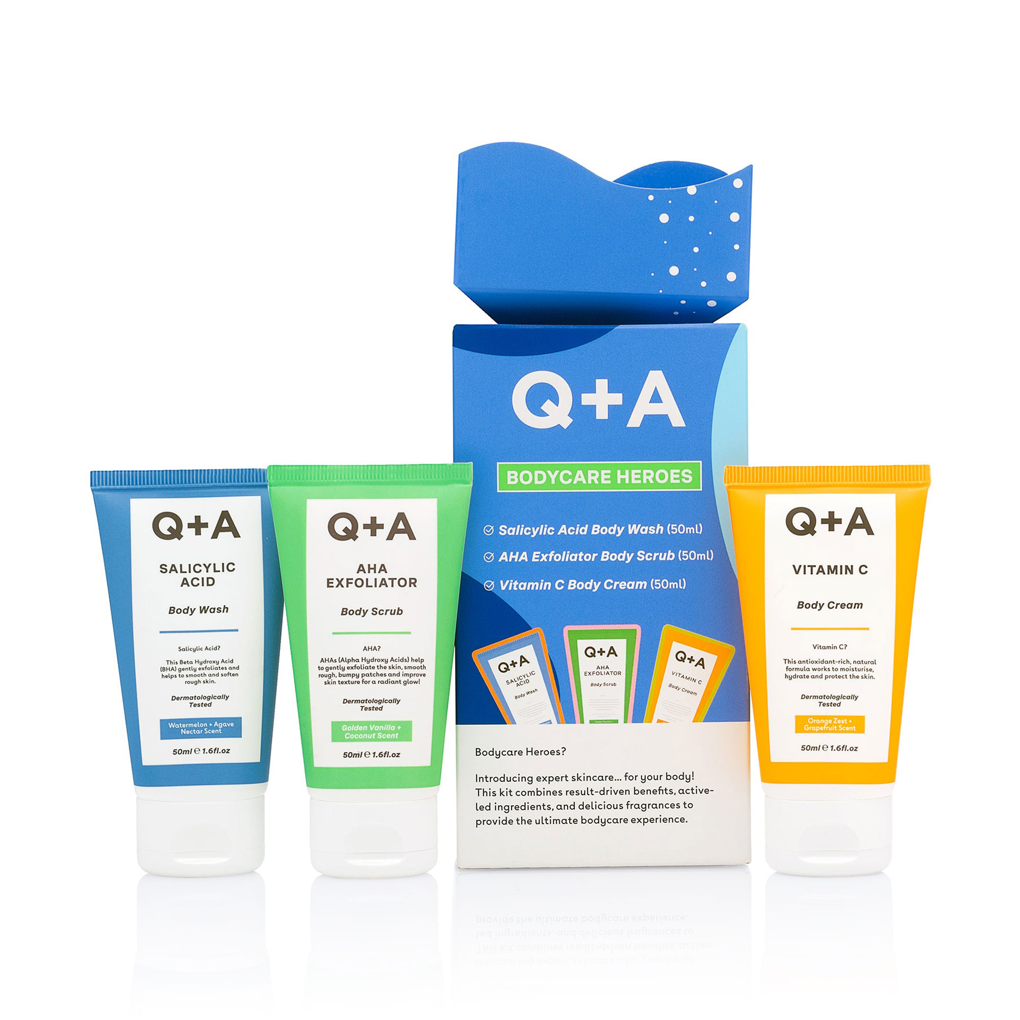 Подарунковий набір для тіла Q+A Bodycare Heroes Gift Set (гель, 50 мл + скраб, 50 мл + крем, 50 мл)