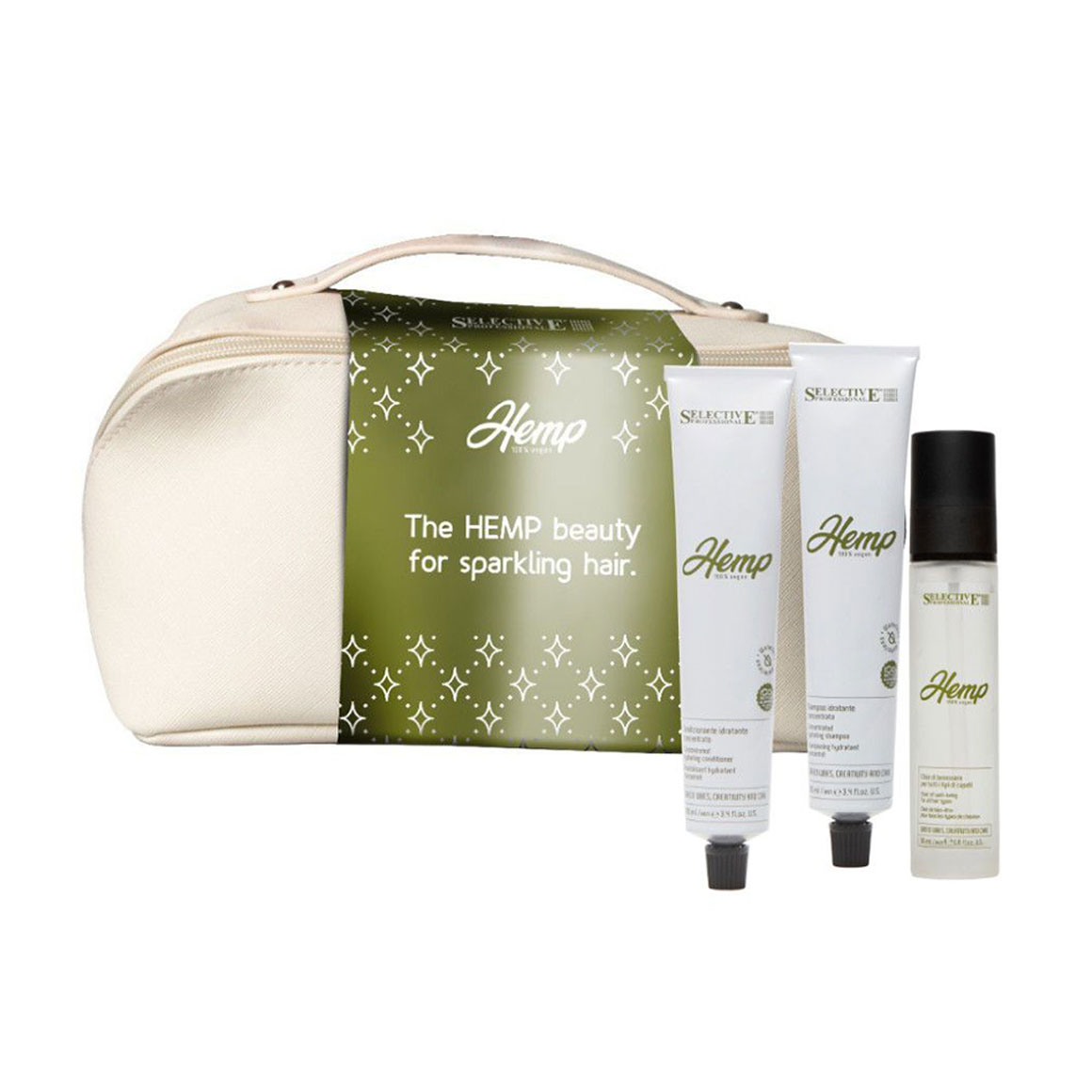 Подарунковий набір для волосся Selective Professional Hemp Xmas Kit (шампунь, 100 мл + кондиціонер, 100 мл + еліксир, 50 мл + косметичка, 1 шт)