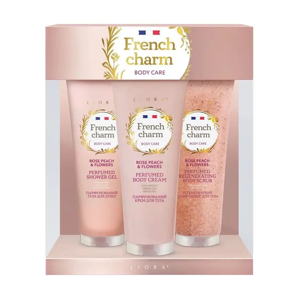 Подарунковий набір Emotions by Liora French Charm Rose Peach &amp; Flowers (гель для душу, 125 мл + скраб для тіла, 125 мл + крем для тіла, 125 мл)