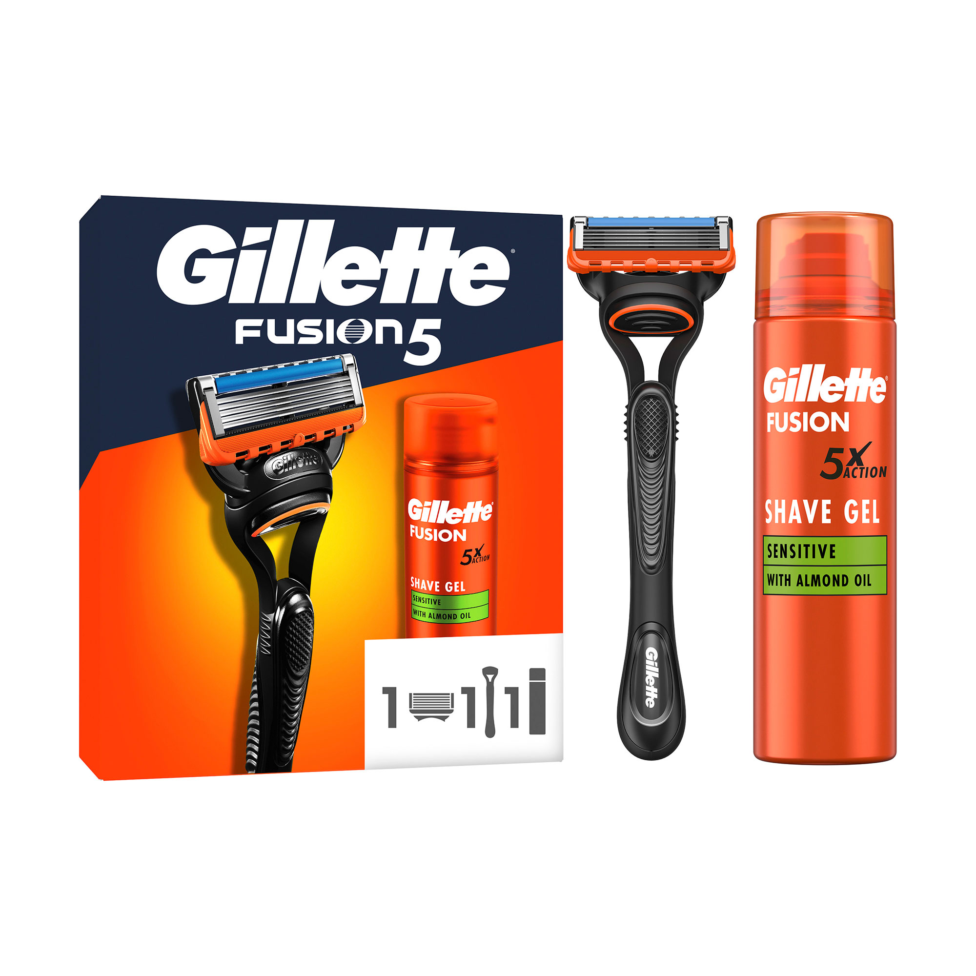 Подарунковий набір Gillette чоловічий (станок (бритва) Fusion5 з 1 змінним картриджом + гель Fusion для чутливої шкіри, 200 мл)