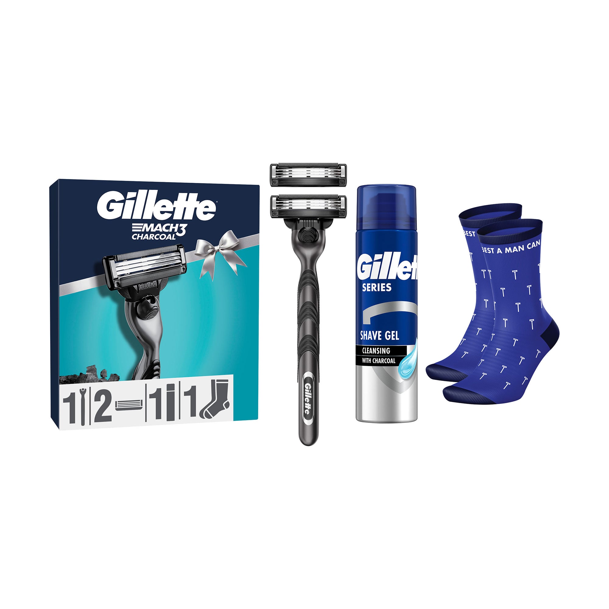 Подарунковий набір Gillette чоловічий (станок (бритва) Mach3 Charcoal з 2 змінними картриджами + гель Series Очищувальний, 200 мл + шкарпетки)