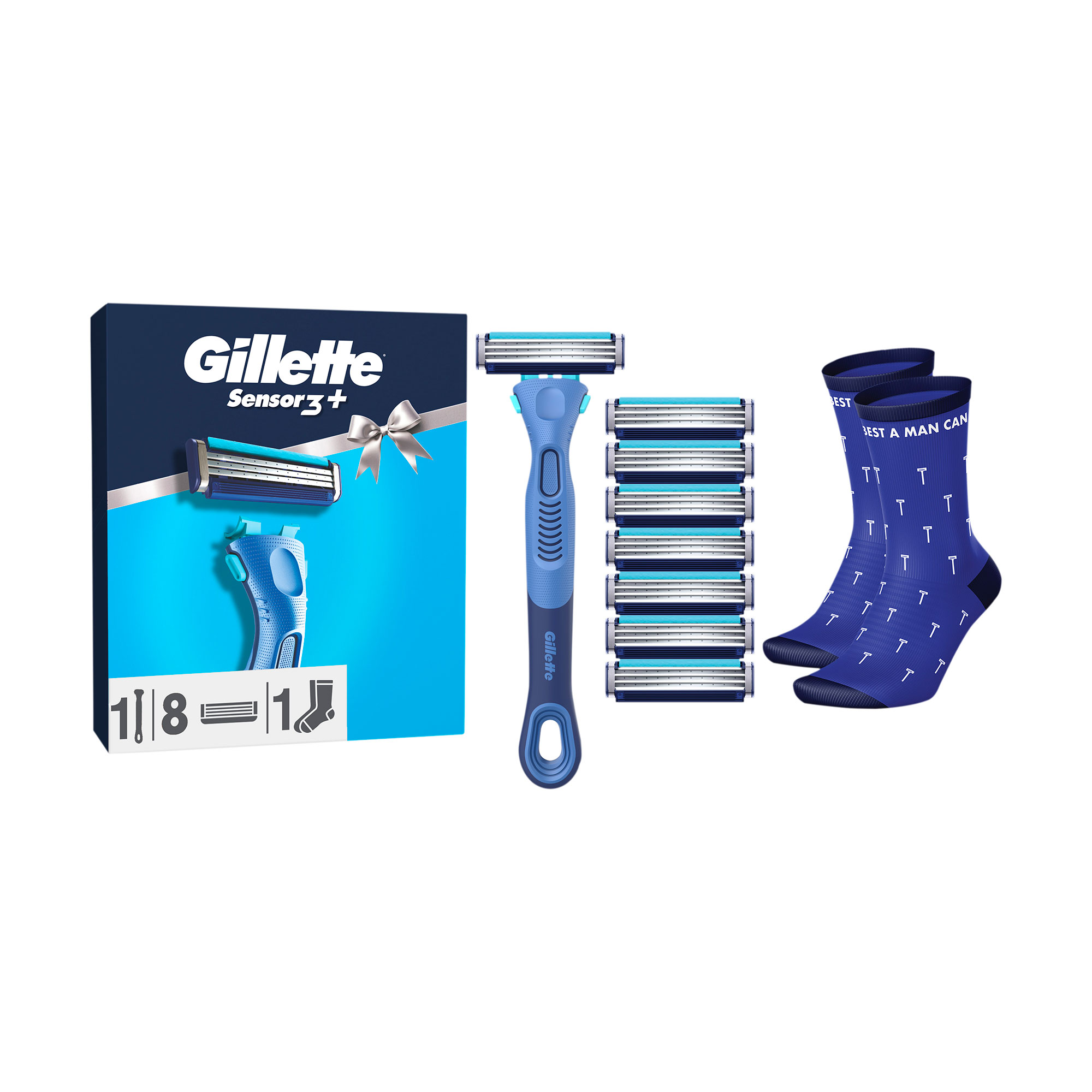 Подарунковий набір Gillette чоловічий (станок (бритва) Sensor3+ Comfort з 8 змінними картриджами + шкарпетки)