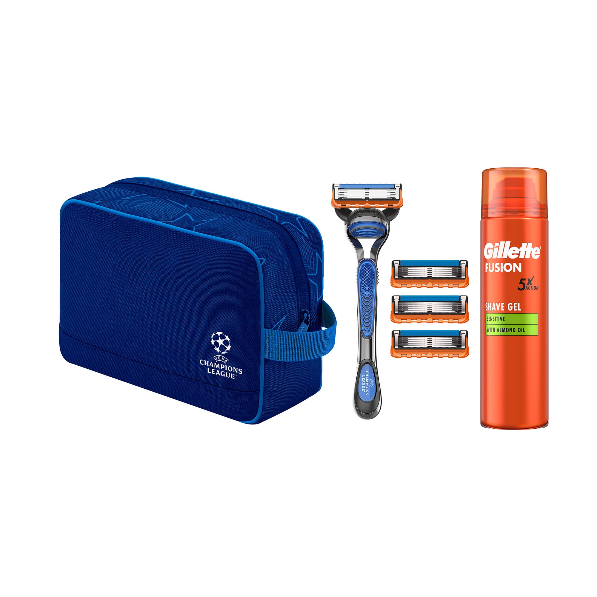 Подарунковий набір Gillette UEFA Champions League Special Edition (станок (бритва) Fusion5 з 4 змінними картриджами + гель Fusion для чутливої шкіри, 200 мл + косметичка)