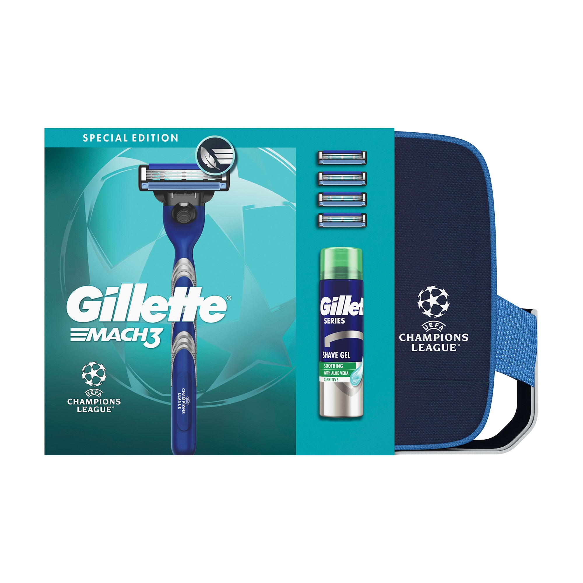 Подарунковий набір Gillette UEFA Champions League Special Edition чоловічий (станок (бритва) Mach3 з 4 змінними картриджами + гель Series Sensitive Skin для чутливої шкіри, 200 мл + косметичка)