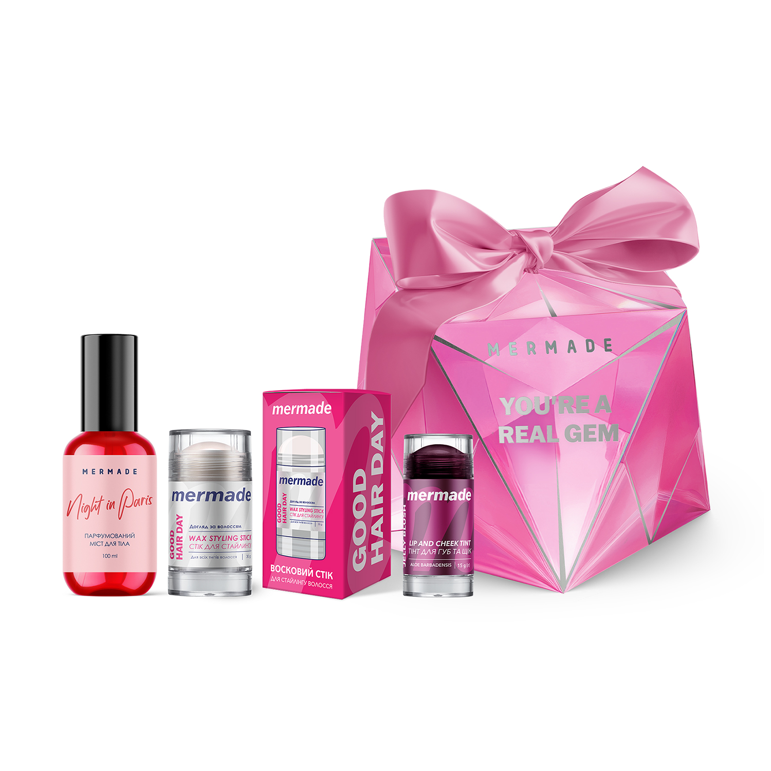 Подарунковий набір Mermade Beauty Glow Set (міст для тіла Night in Paris, 100 мл + віск-стік для стайлінгу волосся, 30 г + тінт для губ та щік, 15 г)