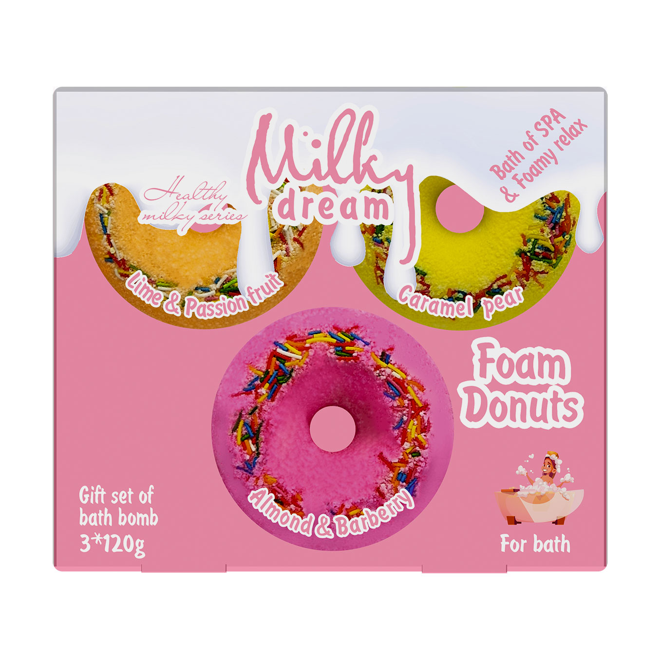 Подарунковий набір шипучих засобів для ванни Milky Dream Пінні Donuts (Lime &amp; Passion Fruit, 120 г + Caramel Pear, 120 г + Almond &amp; Barberry, 120 г)