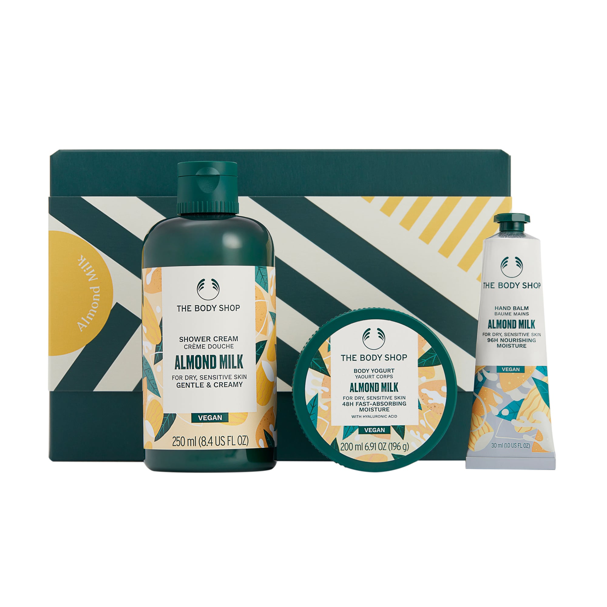 Подарунковий набір The Body Shop Almond Milk Мигдальне молочко (крем-гель для душу, 250 мл + йогурт для тіла, 200 мл + крем-бальзам для рук, 30 мл)