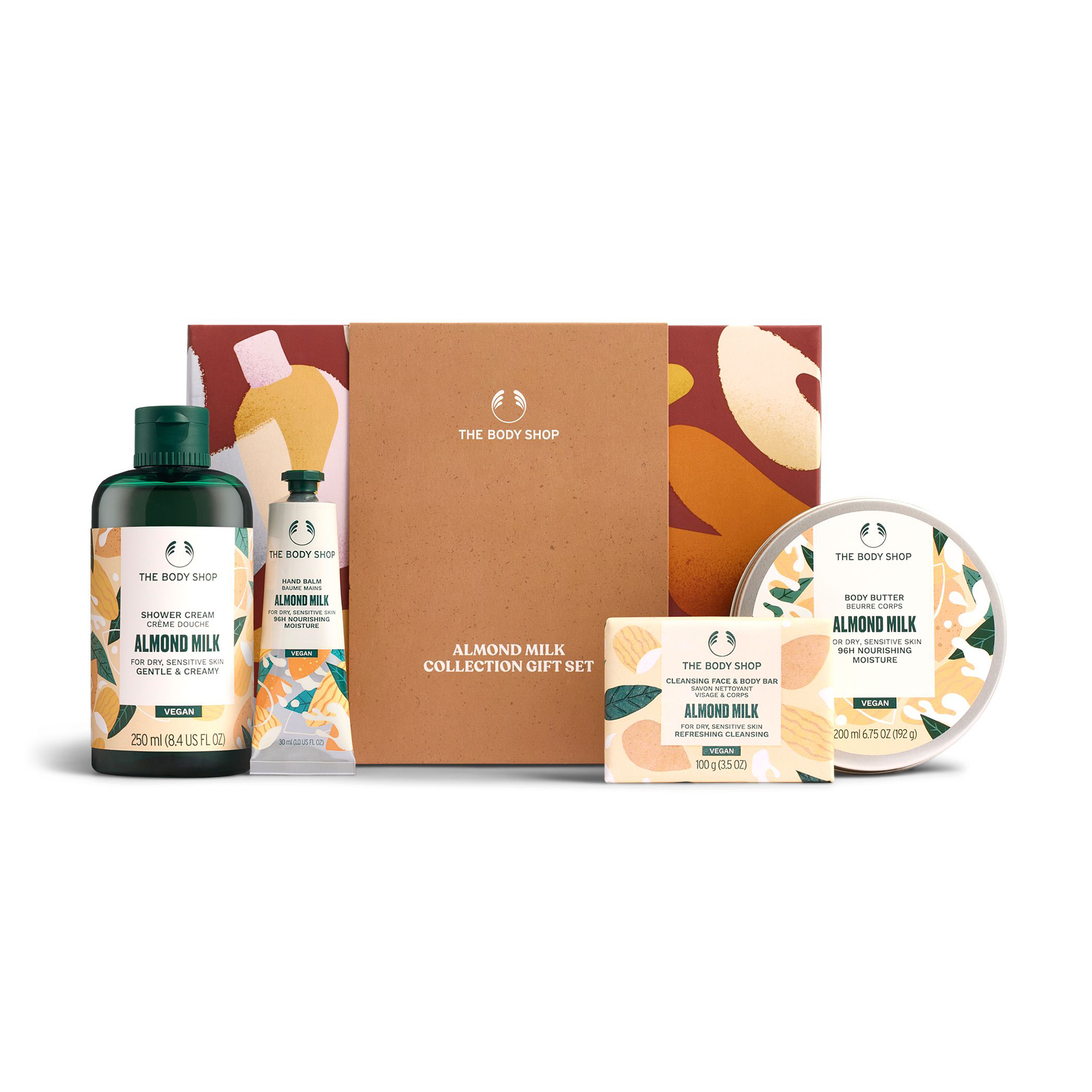 Подарунковий набір The Body Shop Мигдальне молочко (крем-гель для душу, 250 мл + масло для тіла, 200 мл + крем-бальзам для рук, 30 мл + мило, 100 г)