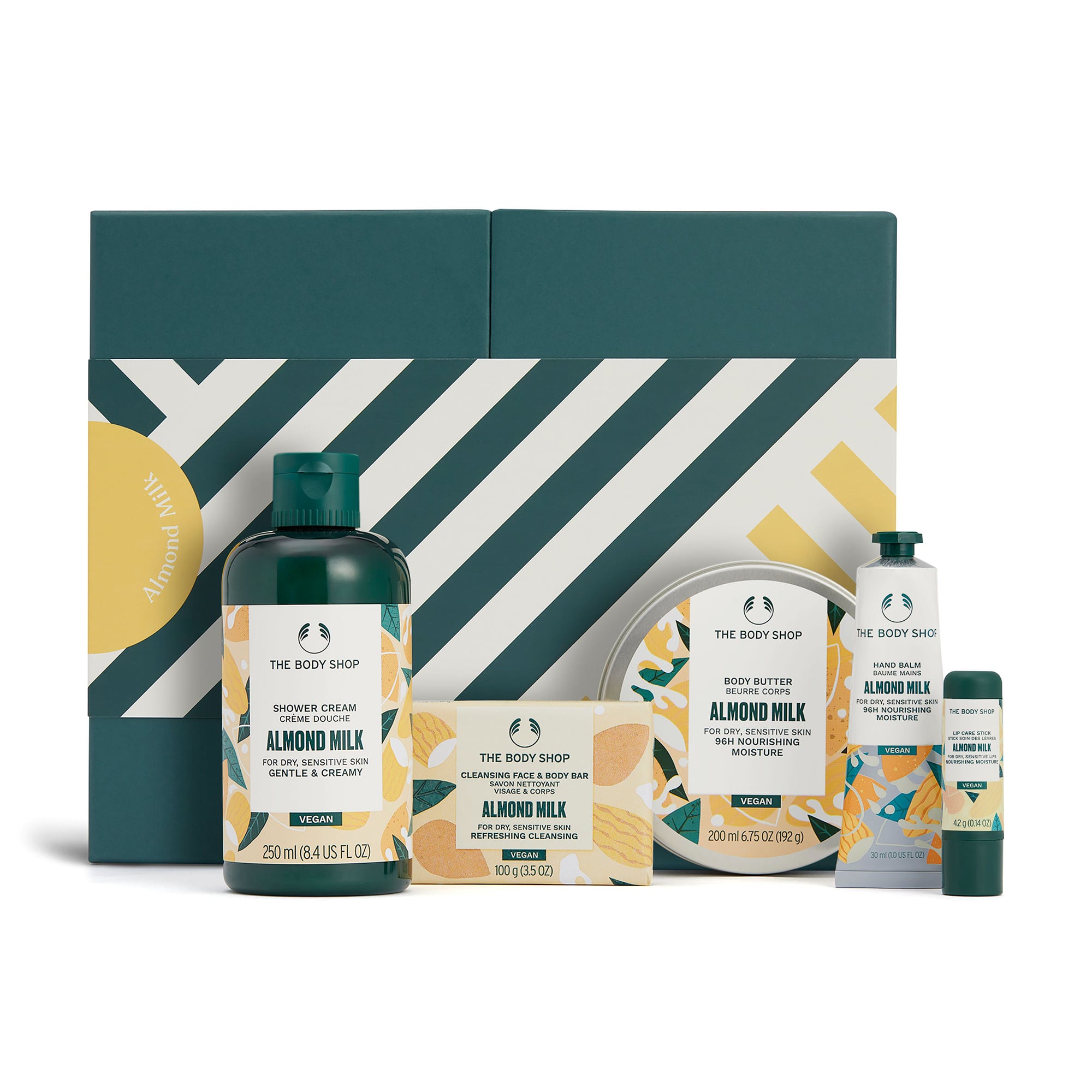 Подарунковий набір The Body Shop Мигдальне молочко (крем для душу, 250 мл + масло для тіла, 200 мл + бальзам для губ, 4.2 г + мило, 100 г + бальзам для рук, 30 мл)