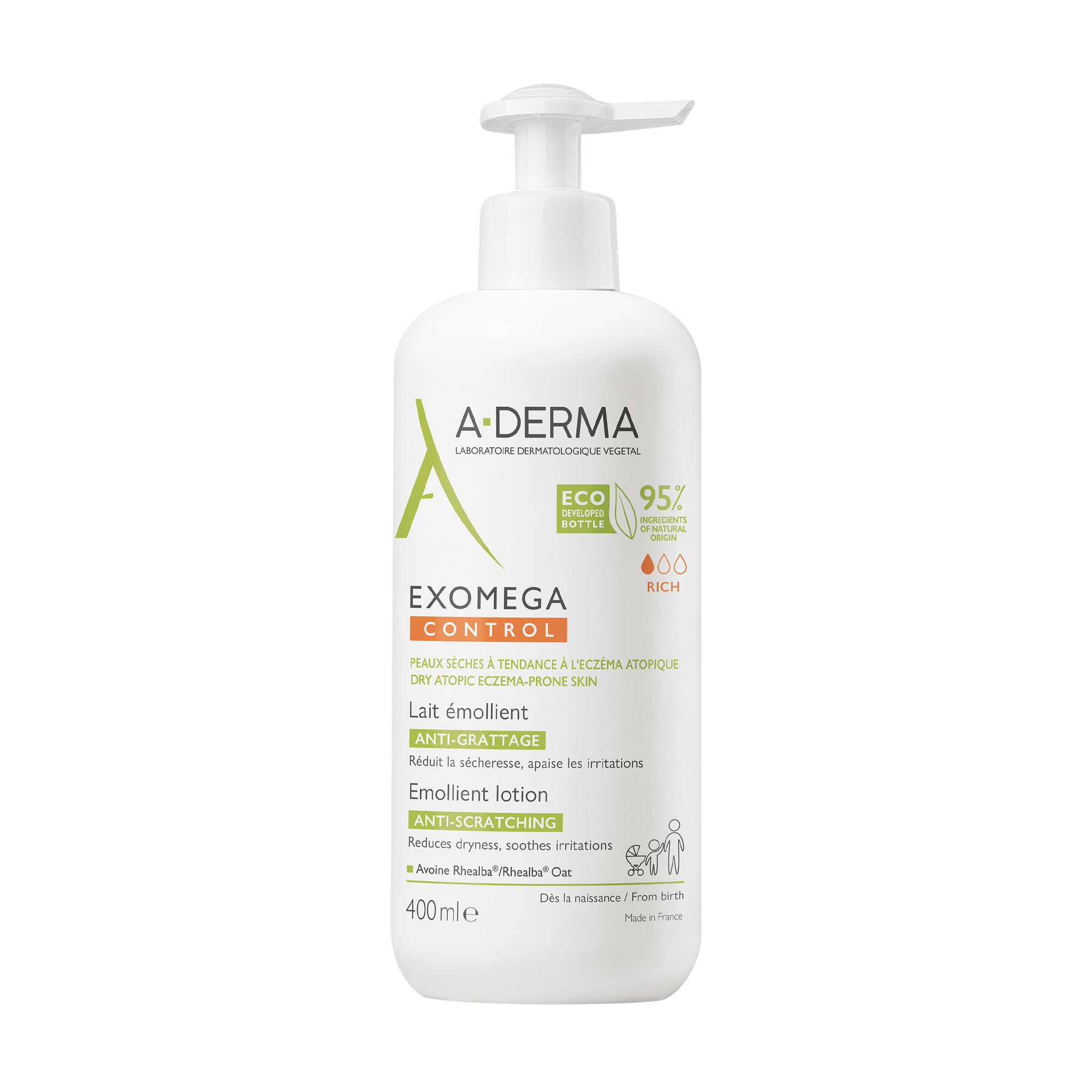 Пом'якшувальний лосьйон-емолент для обличчя та тіла A-Derma Exomega Control Emollient Lotion Anti-Scratching проти подряпин, 400 мл