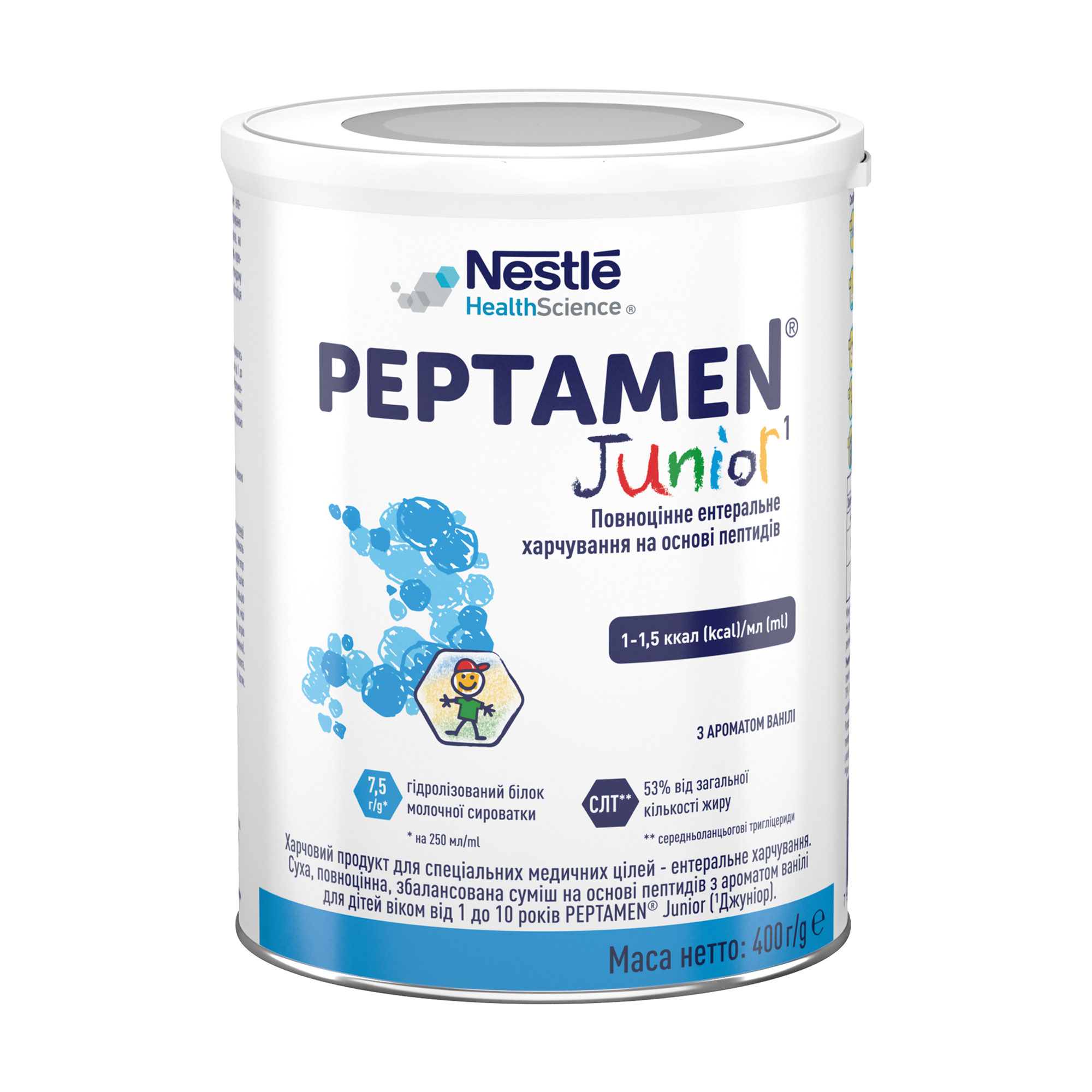 Повноцінне ентеральне харчування на основі пептидів Nestle Peptamen Junior з ароматом ванілі, для дітей від 1 до 10 років, 400 г