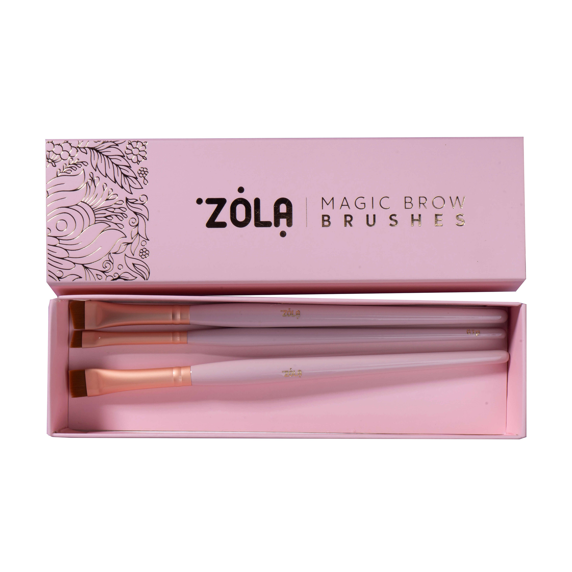 Професійний набір пензлів для фарбування брів Zola Magic Brow Brushes світло-рожевий, ворс синтетичний, 3 шт