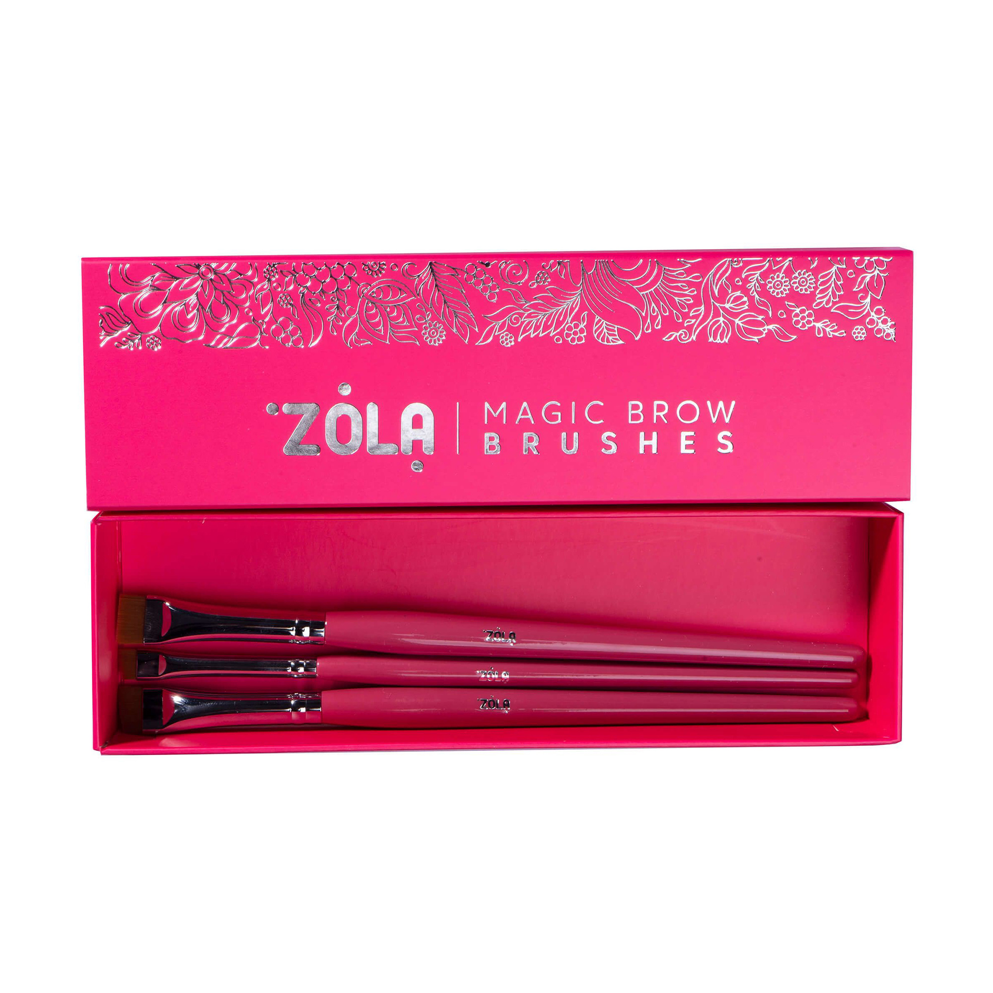Професійний набір пензлів для фарбування брів Zola Magic Brow Brushes малиновий, ворс синтетичний, 3 шт