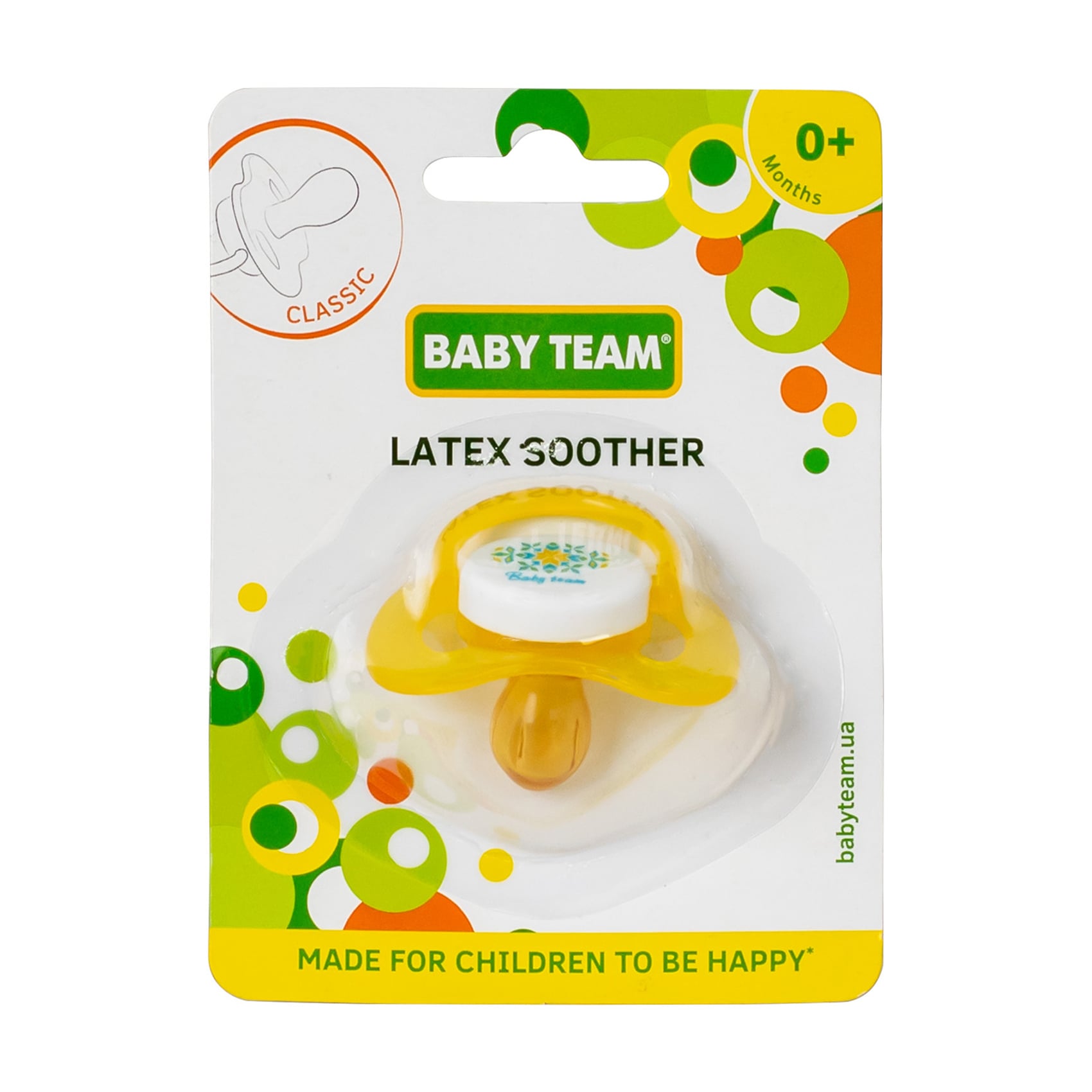 Пустушка Baby Team латексна, класична, від народження, жовта (3220)