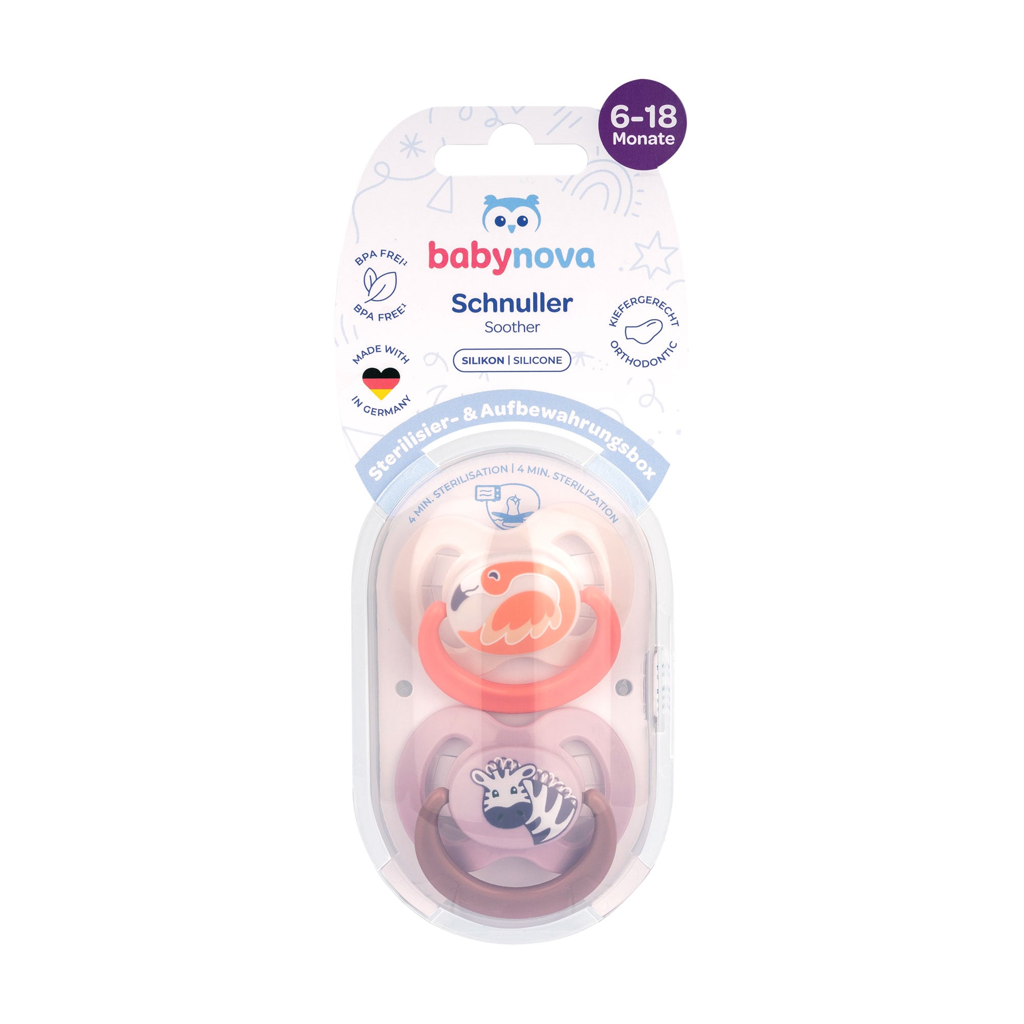 Пустушка кругла силіконова Baby-Nova Pets з кільцем та малюнком, рожева та бузкова,від 6 до 18 місяців, 2 шт (3962318)