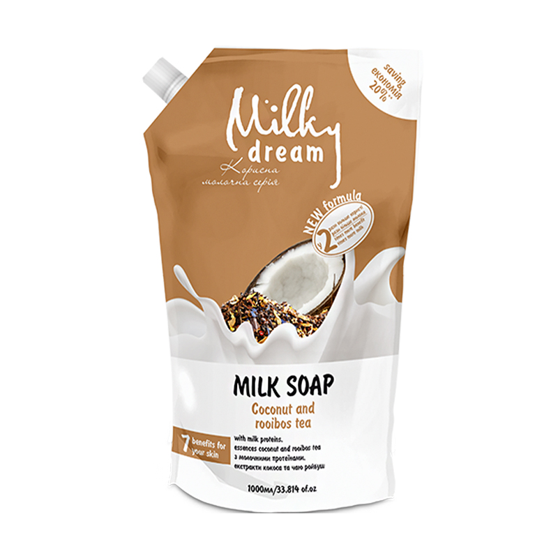 Рідке крем-мило Milky Dream Кокос та ройбуш, з молочним протеїном, екстрактами кокосу та ройбушу, 1 л (дойпак)