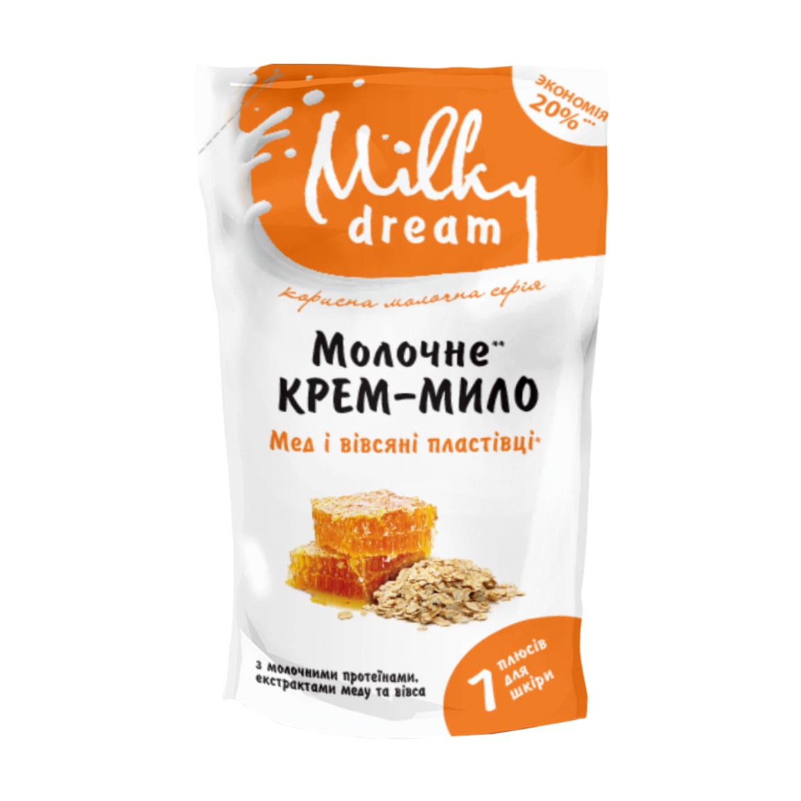 Рідке крем-мило Milky Dream Мед і вівсяні пластівці з молочним протеїном, екстрактами меду та вівса, 1 л (дойпак)