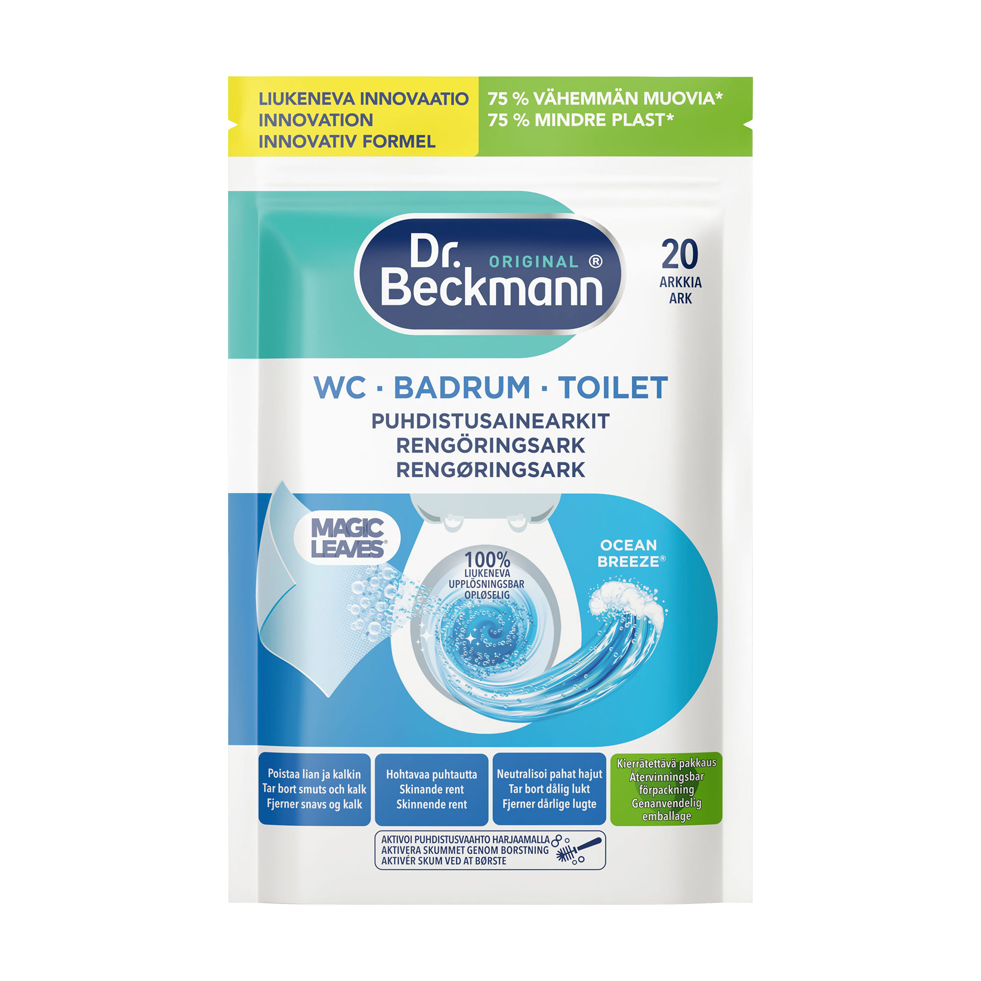 Розчинна серветка для очищення унітаза Dr. Beckmann Magic Leaves Океанський бриз, 20 шт
