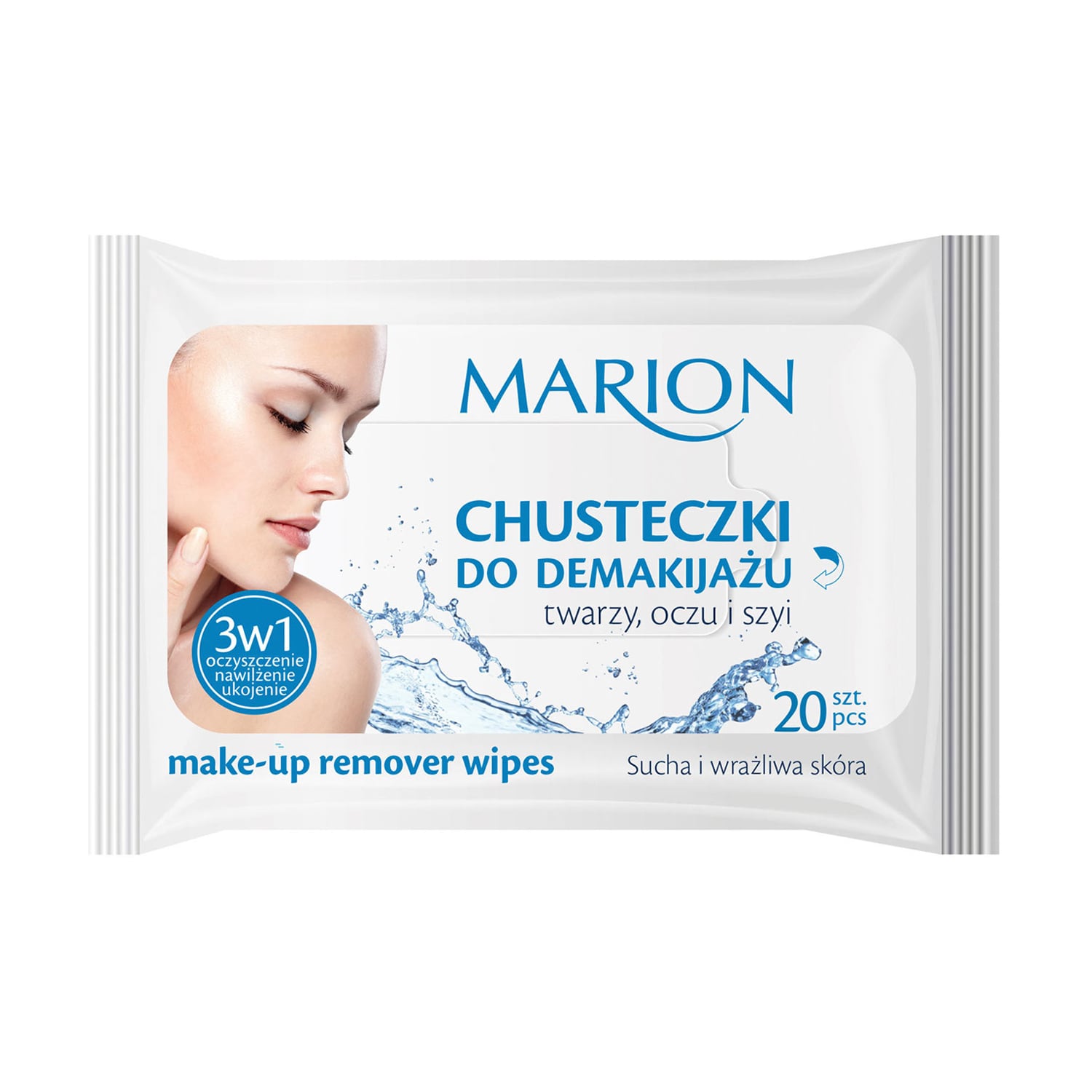 Серветки для видалення макіяжу з обличчя, очей та шиї Marion Make-Up Remover Wipes для сухої та чутливої шкіри, 20 шт