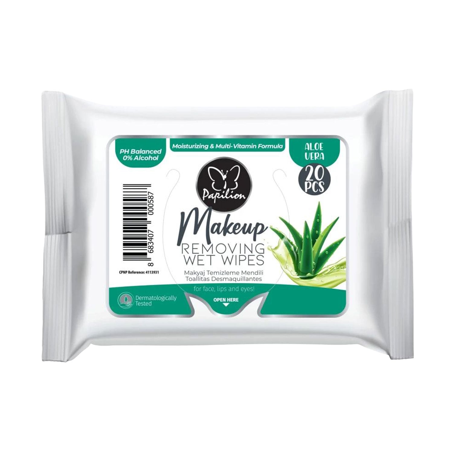 Серветки для зняття макіяжу Papilion Makeup Removing Wet Wipes, Aloe Vera, 20 шт