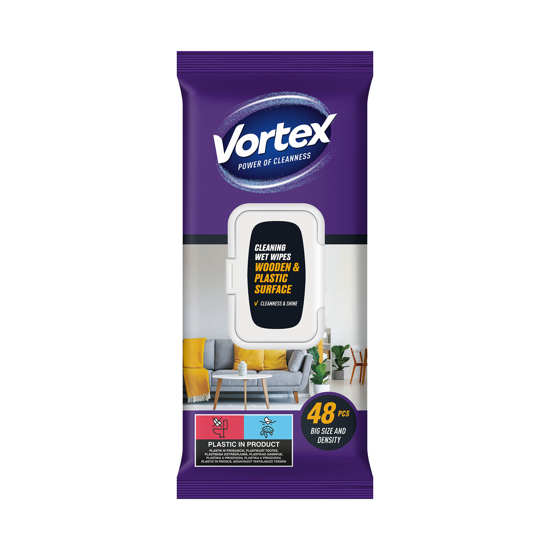 Серветки господарчі вологі для меблів Vortex з клапаном, 48 шт