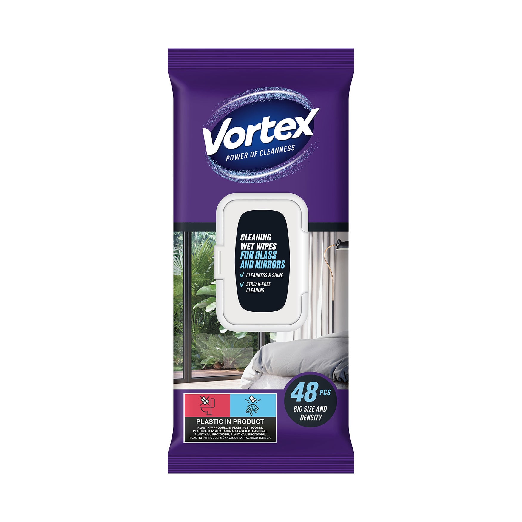 Серветки господарчі вологі для скла Vortex з клапаном, 48 шт