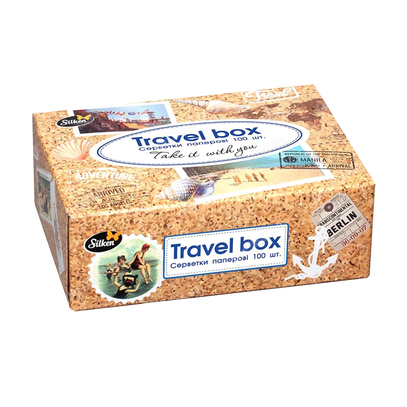 Серветки паперові Silken Travel Box у коробці, 2-шарові, 13*20 см, 100 шт
