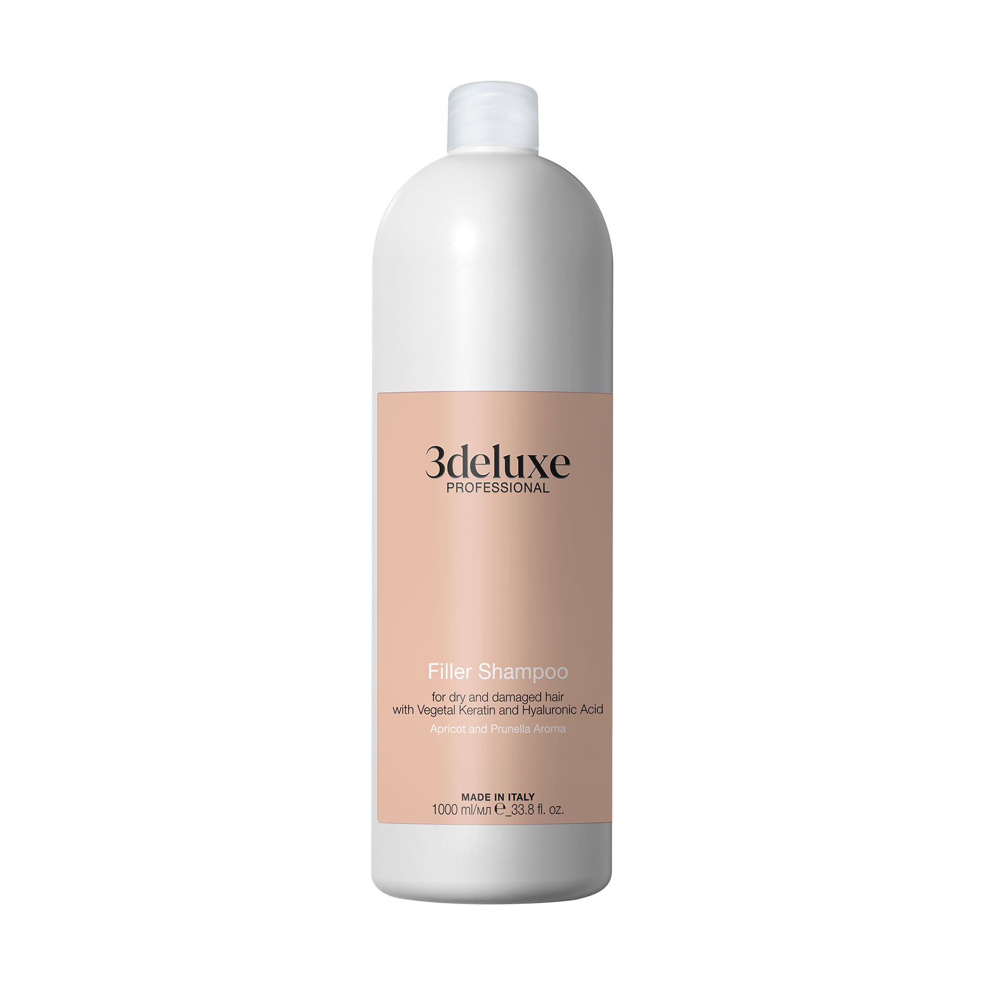 Шампунь-філер 3DeLuXe Filler Shampoo для сухого та пошкодженого волосся, з рослинним кератином та гіалуроновою кислотою, 1 л