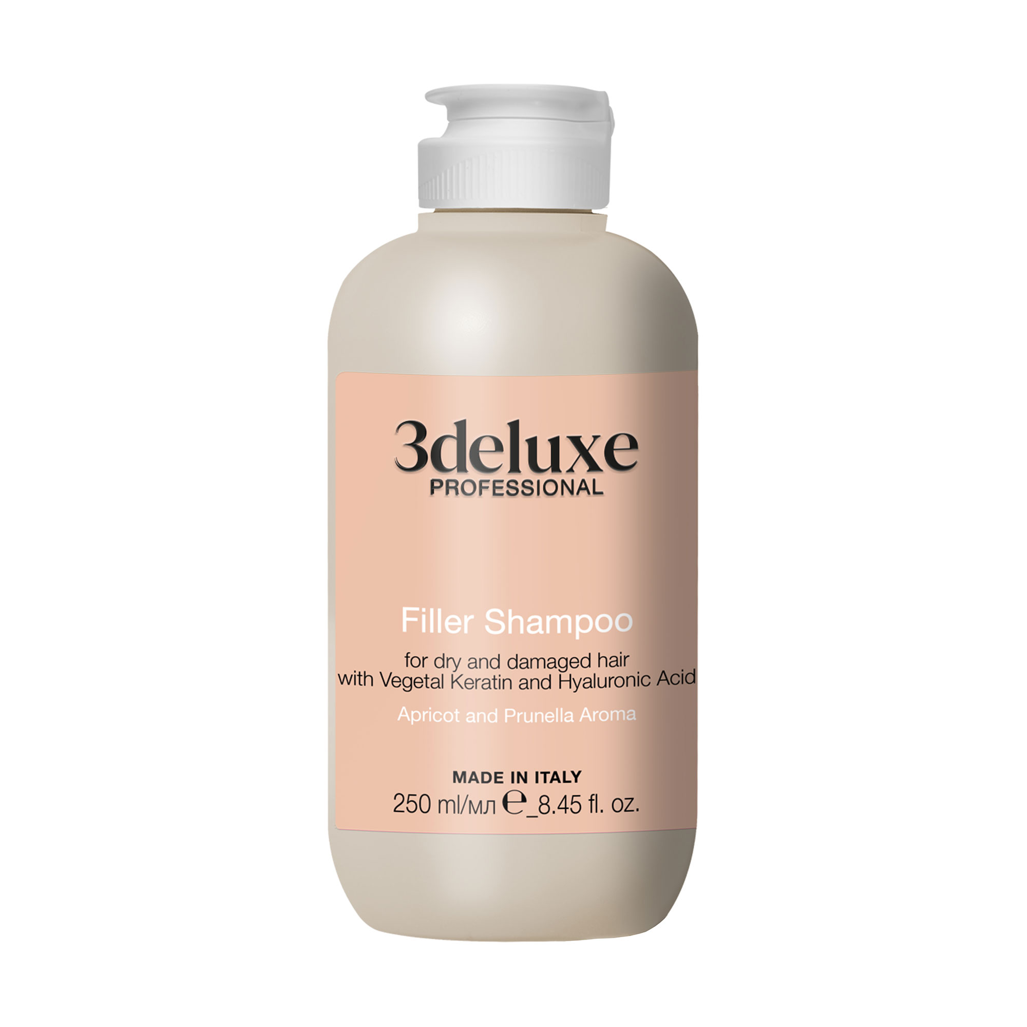 Шампунь-філер 3DeLuXe Filler Shampoo для сухого та пошкодженого волосся, з рослинним кератином та гіалуроновою кислотою, 250 мл