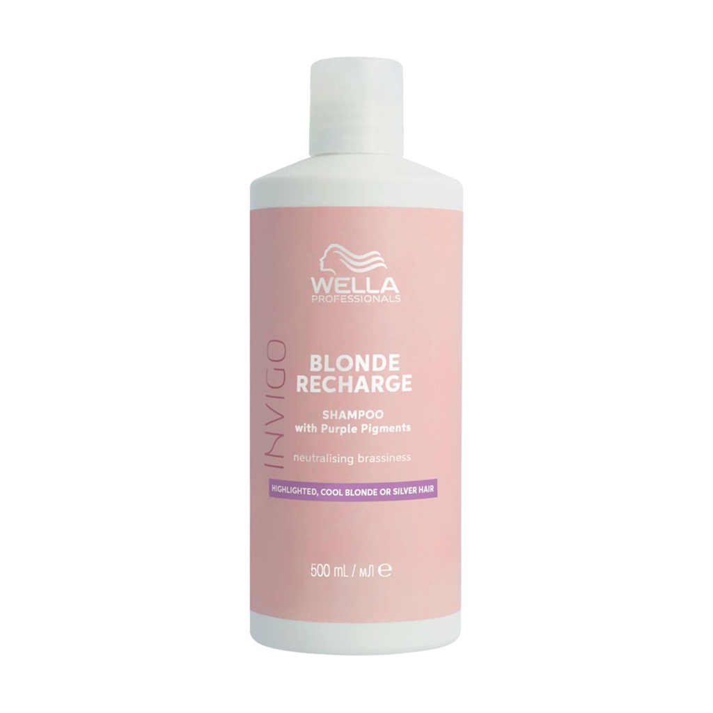 Шампунь-нейтралізатор жовтизни Wella Professionals Invigo Blonde Recharge Shampoo для холодних світлих відтінків, з кольоровими пігментами, 500 мл