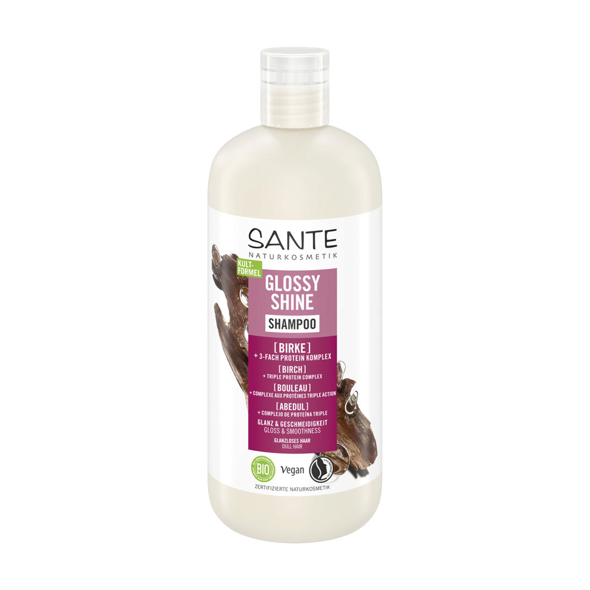 Шампунь Sante Glossy Shine Shampoo для блиску волосся, з протеїновим комплексом та березовим листям, 500 мл