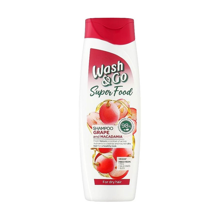 Шампунь Wash&amp;Go Super Food Shampoo для сухого волосся, з виноградом та макадамією, 400 мл